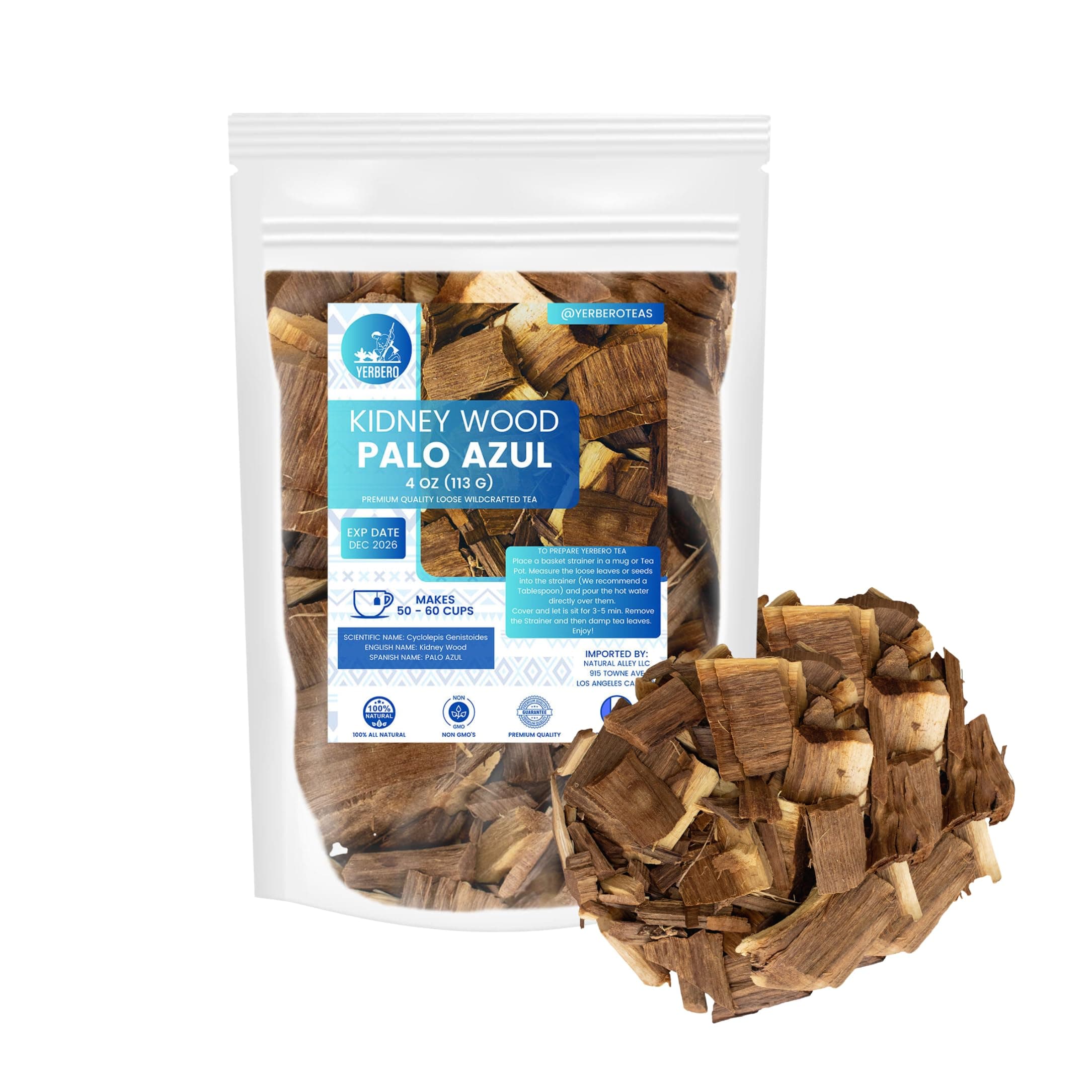 YERBERO - Palo Azul Herbal Tea 4Oz (141.7G) | Kidneywood (Blue Stick) Te Herbal | Yields Over 40 Cups | Wild Kidney Wood Tea | All Natural, Non-GMO Tea.