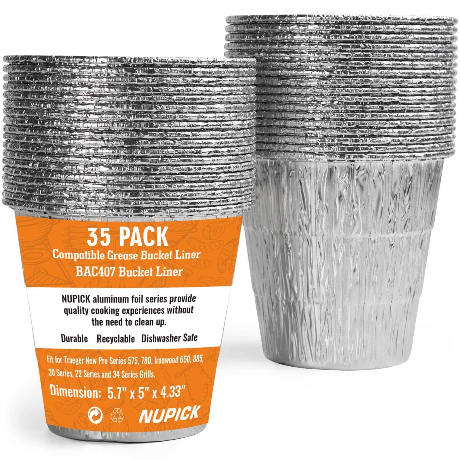 35 Pack BAC407 Grease Bucket Liner Compatible for Traeger Pro Series 575/780, 22/34 Series, Ironwood 650/885 Grills, Grill Accessories for Traeger, 4.9" x 4.5"