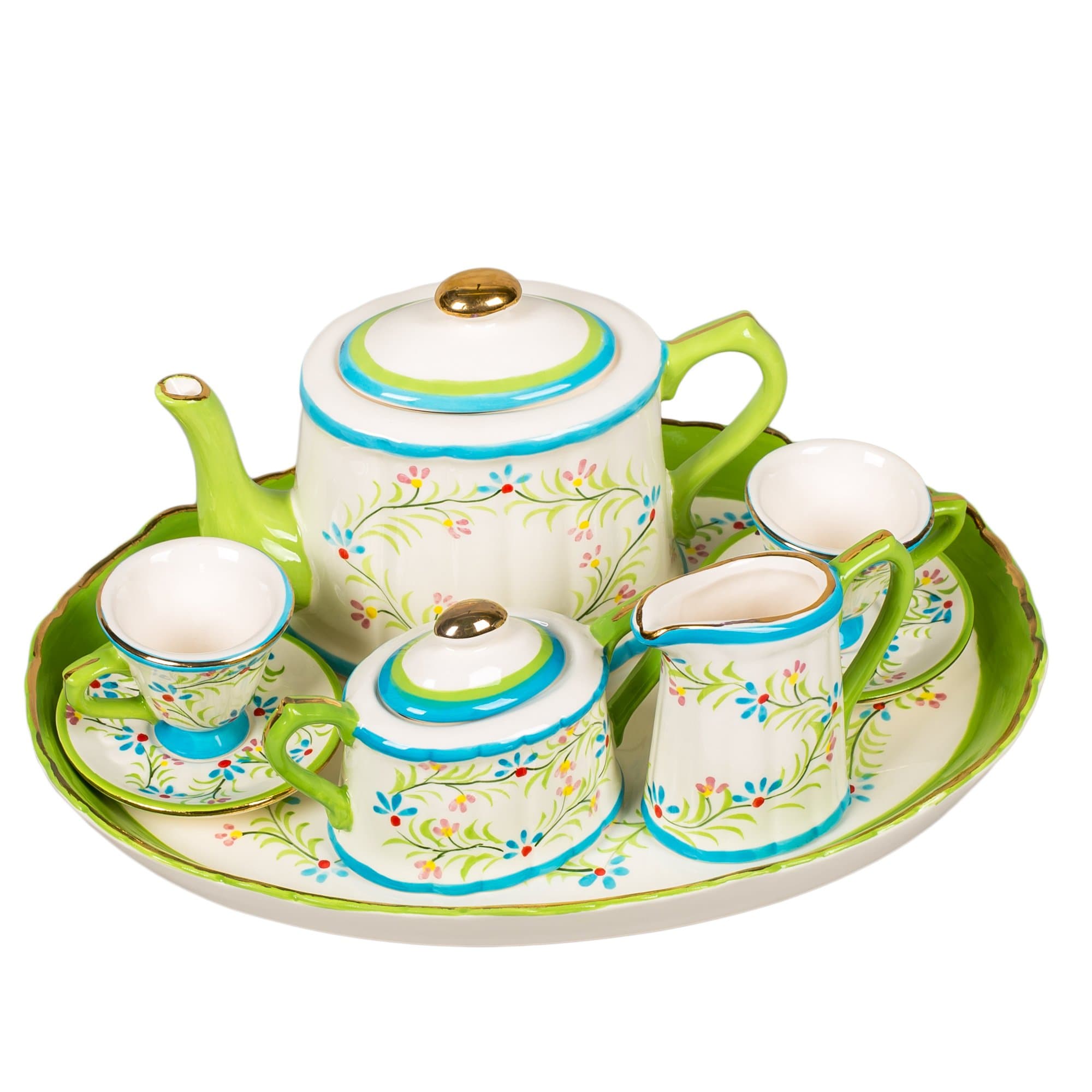 Caitlyn Spring Flowers Green and Blue Design White Porcelain Children's Tea Party Set