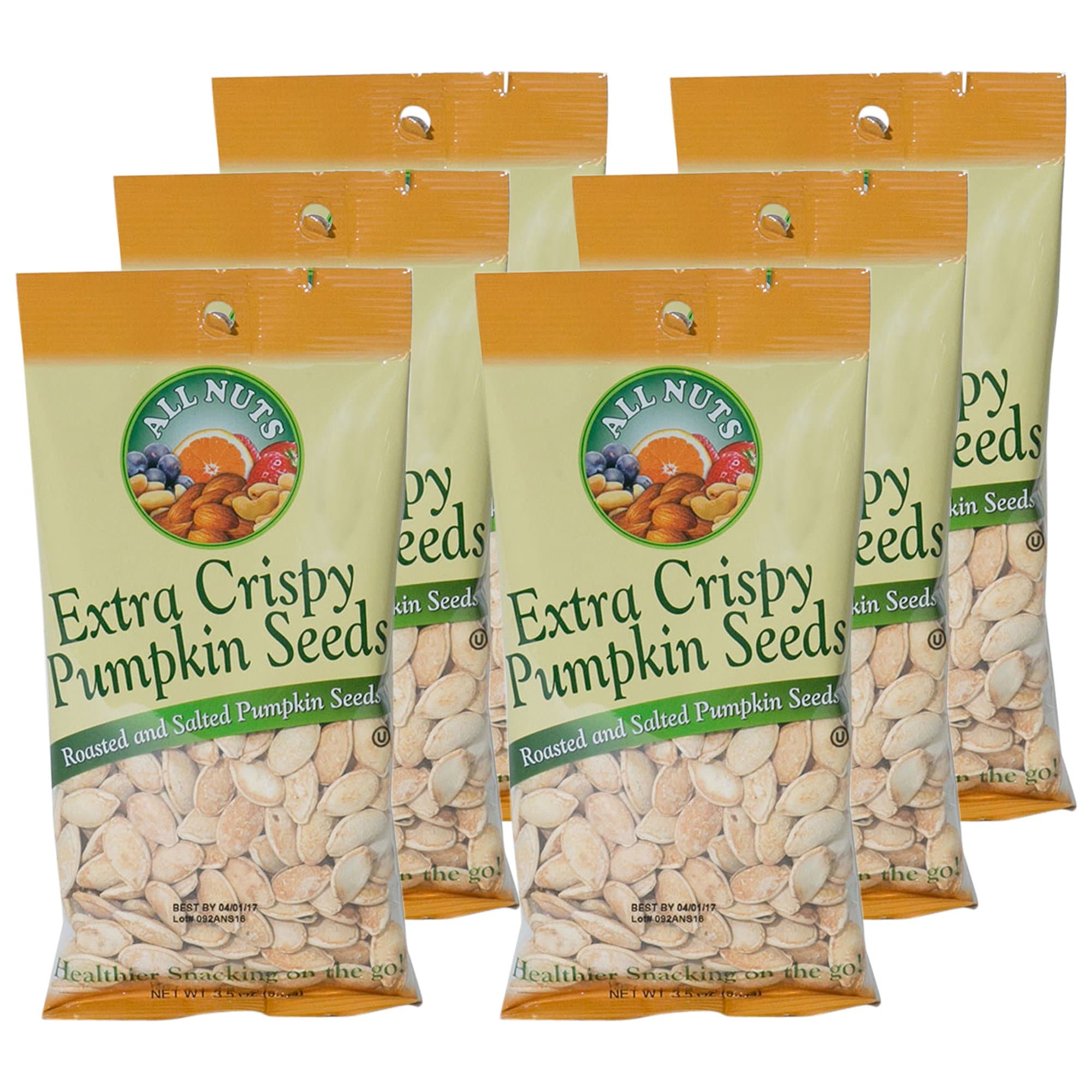 All Nuts 6PK Pumpkin Seeds Extra Crispy Roasted Salted 3.5oz Bags, Total Weight 1.31LB