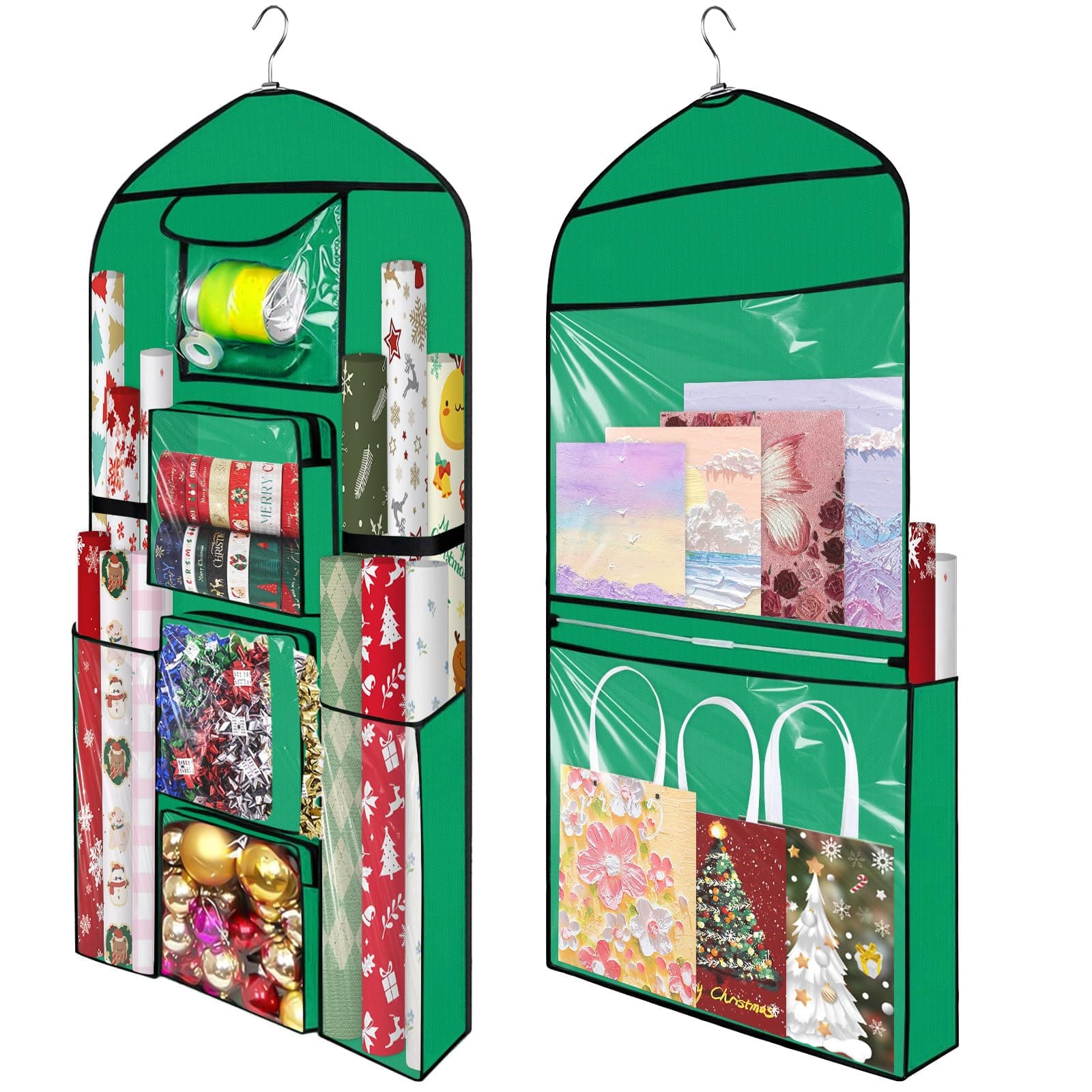 Hanging Gift Wrapping Paper Organizer Storage 48x24 Inch Double-Sided Over The Door Christmas Wrapping Storage Containers Gift Wrapping Organizer Present Paper Craft Roll Holder for Closet Door（Green）