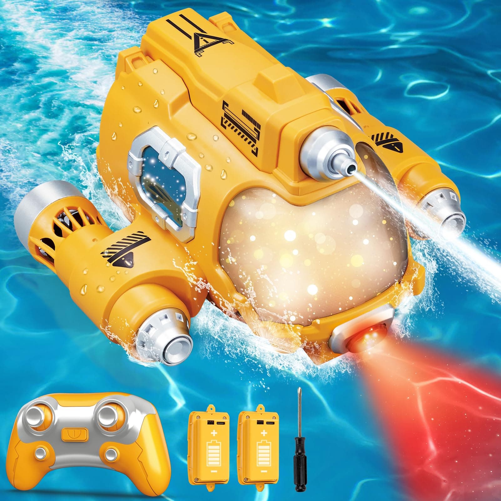 WHIMSYLAND Remote Control Boat, 2.4GHZ Mini RC Boat with Spray Water Pump and Led Lights Lakes & Swimming Pool Toys (Yellow)