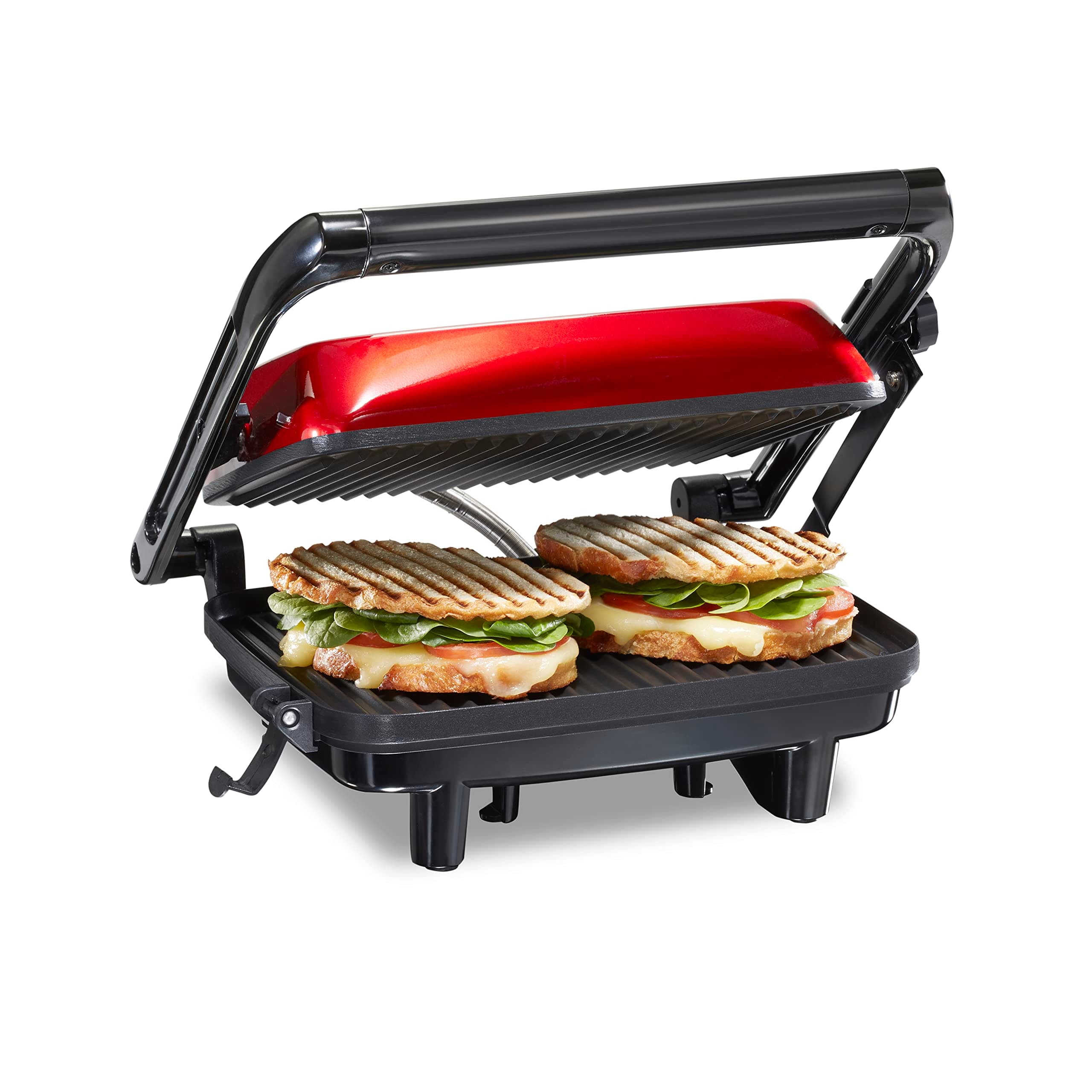 Panini Press Sandwich Maker & Electric Indoor Grill with Locking Lid, Opens Wide to Fit Any Thickness for Quesadillas, Burgers & More, Nonstick 8" x 10" Grids, Red (25462Z)