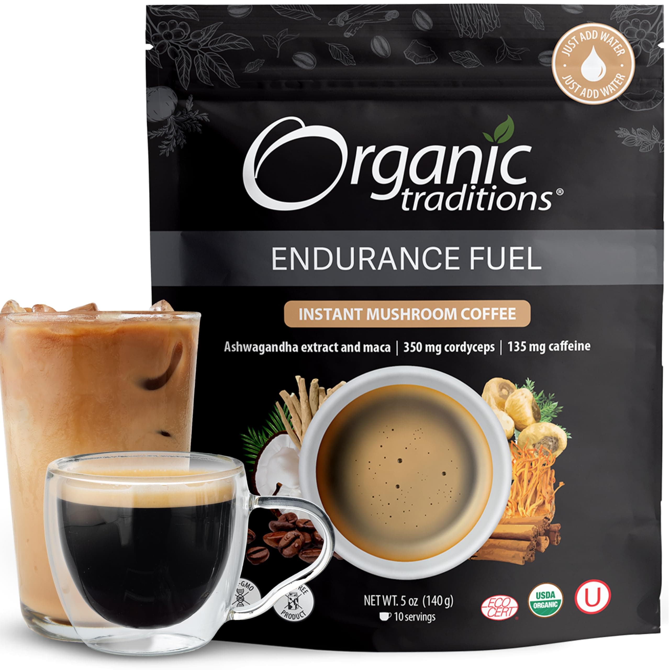 Organic Traditions Endurance Fuel Mushroom Coffee, Instant Coffee with Cordyceps, Ashwagandha and Maca, Rich Mocha Flavor, Plant Based Superfood Coffee Alternative, 10 Servings, 280g / 10oz