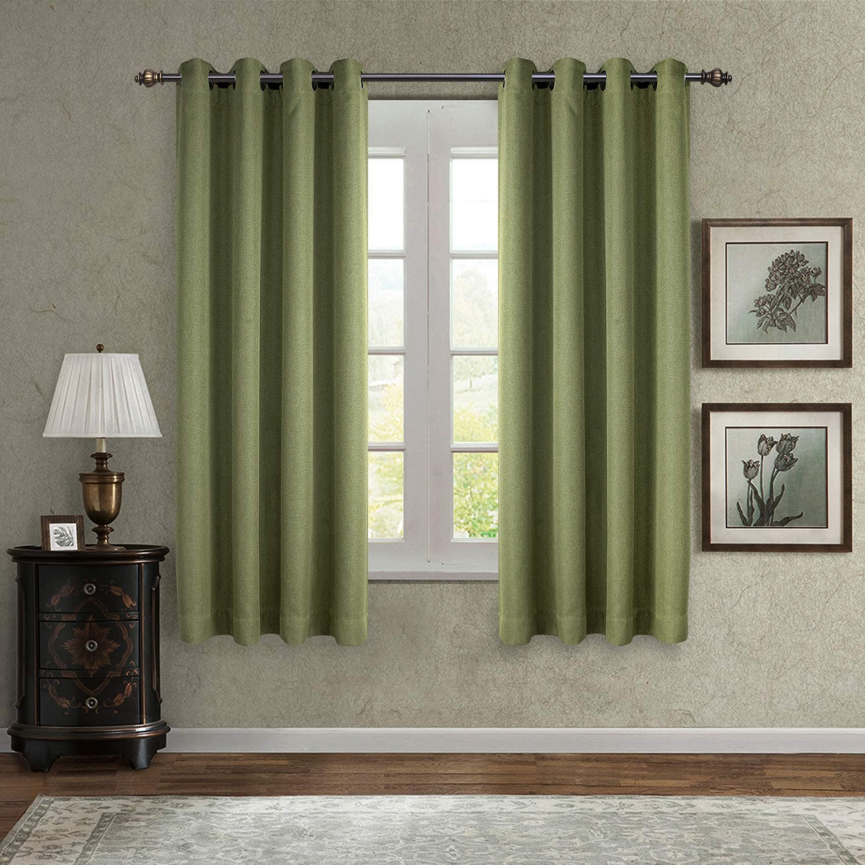 SINGINGLORY Green Room Darkening Curtains for Living Room and Bedroom, 2 Panels Linen Textured Grommet Curtains 52 x 63 Inch Blackout Window Curtains (Green)