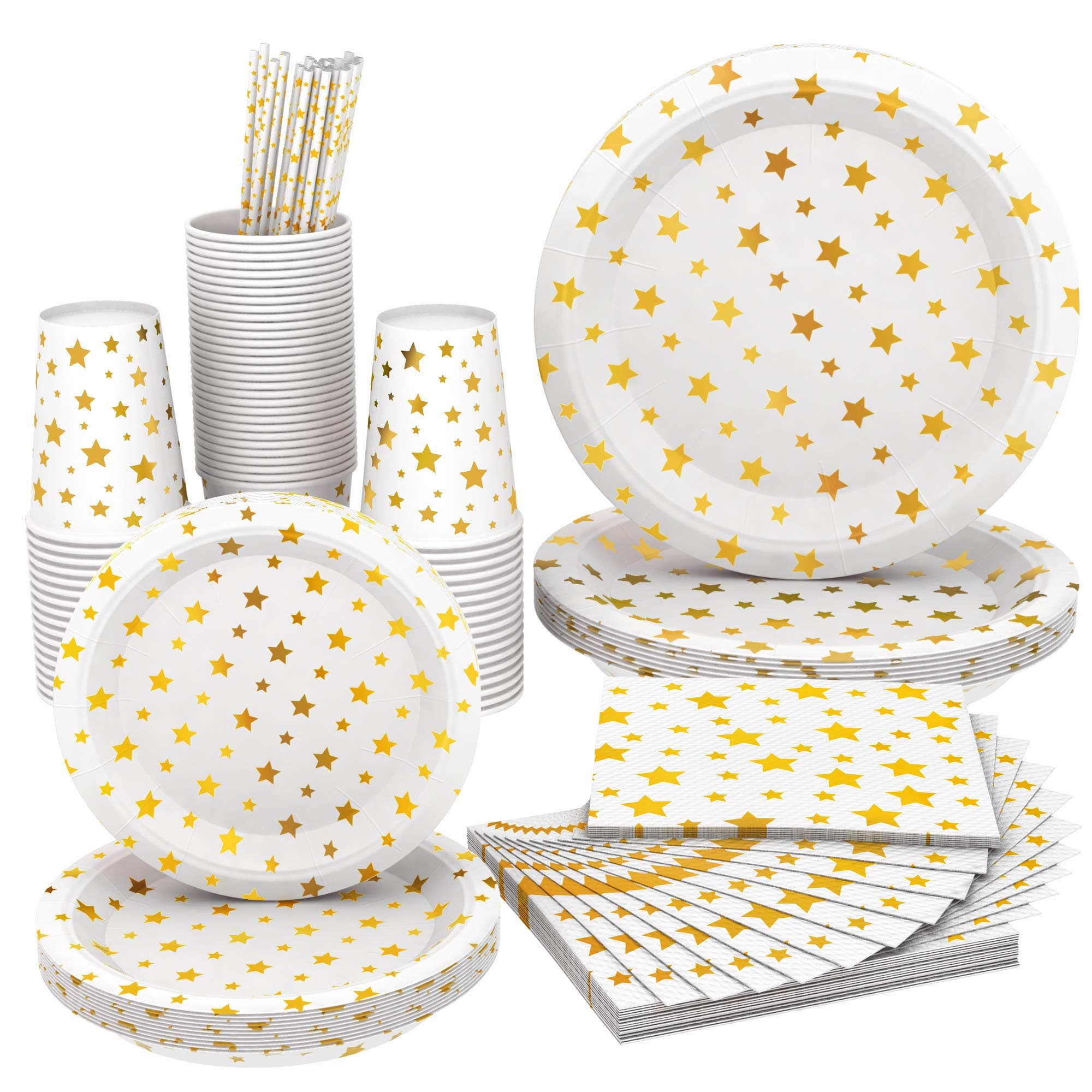 Full Fancy Disposable and Biodegradable Party Set,Paper Plates Two Sizes, Paper Cups, Paper Napkins and Paper Straws - White Color with Gold Stars [for Parties, Dinner or Decorations] - Wise Buy (12)
