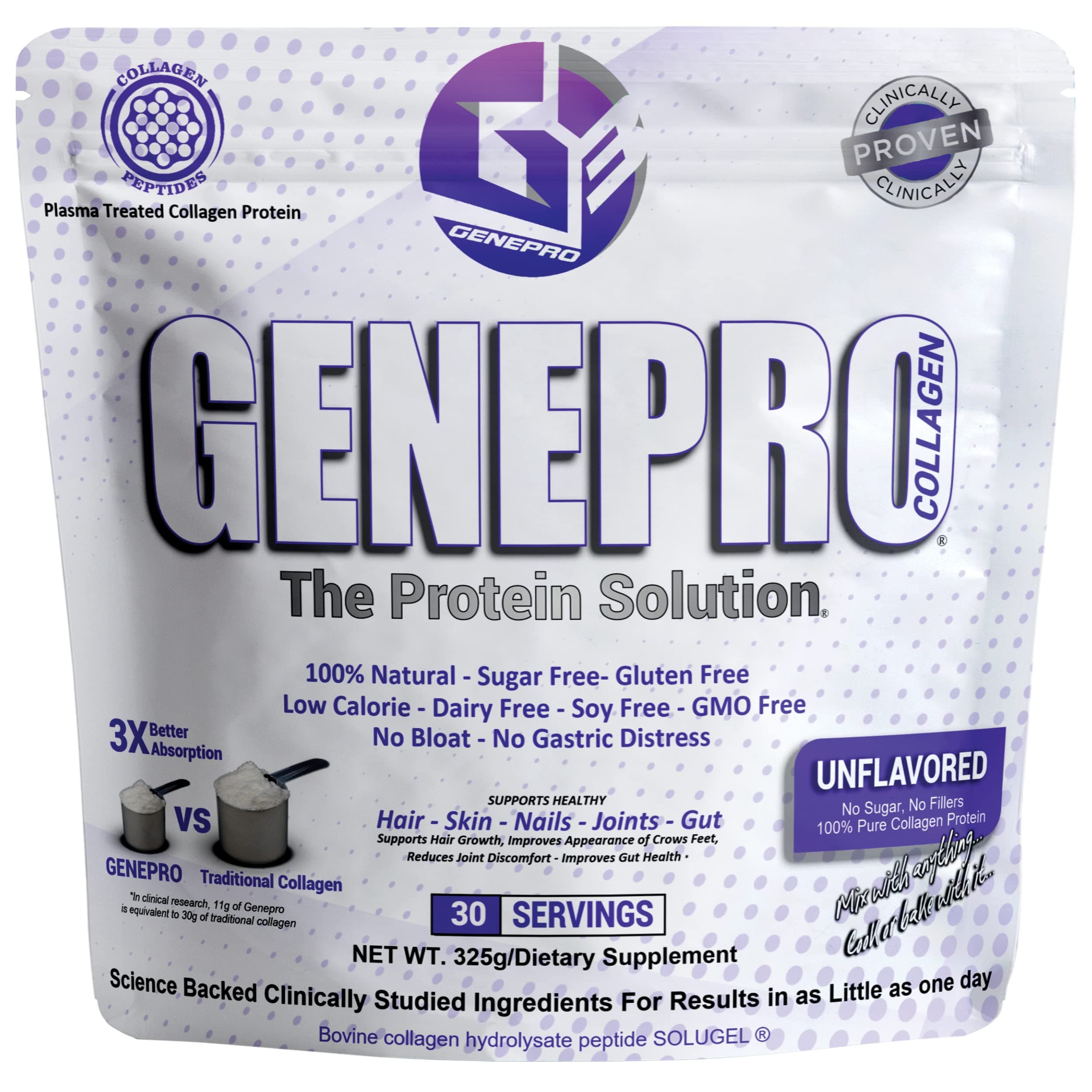 Musclegen Research Genepro Unflavored Protein Powder with Collagen Peptides - Lactose-Free, Gluten-Free Protein Supplement Shake for Hair, Skin and Nails (30 Servings)