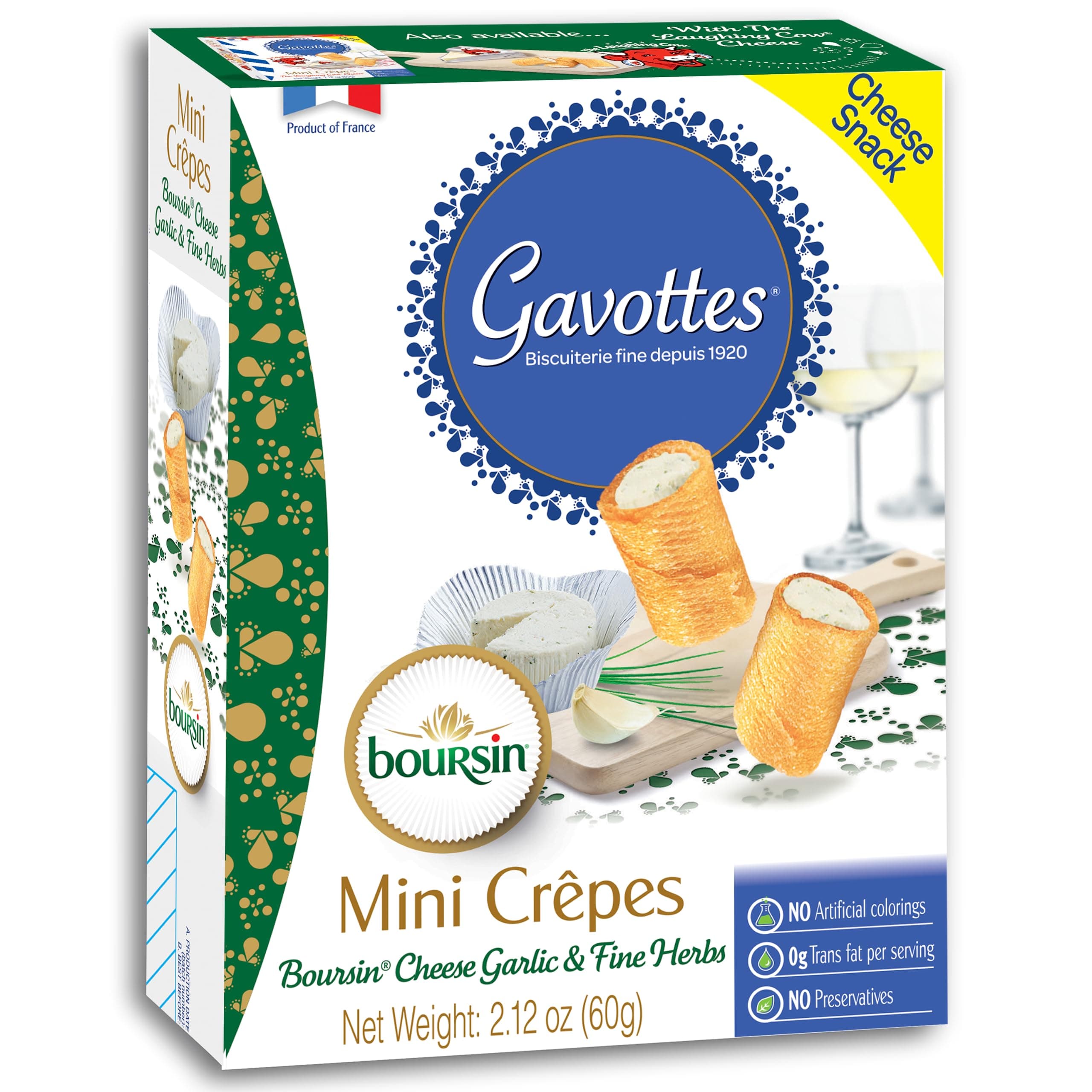 French Boursin Cheese Filled Mini Crispy Crepes | Crepe Crackers with Boursin Garlic & Herb Cheese Filling | Gavottes Ready to Eat Crispy Crepes Snack From France (1 Pack of 2.12oz/60g)