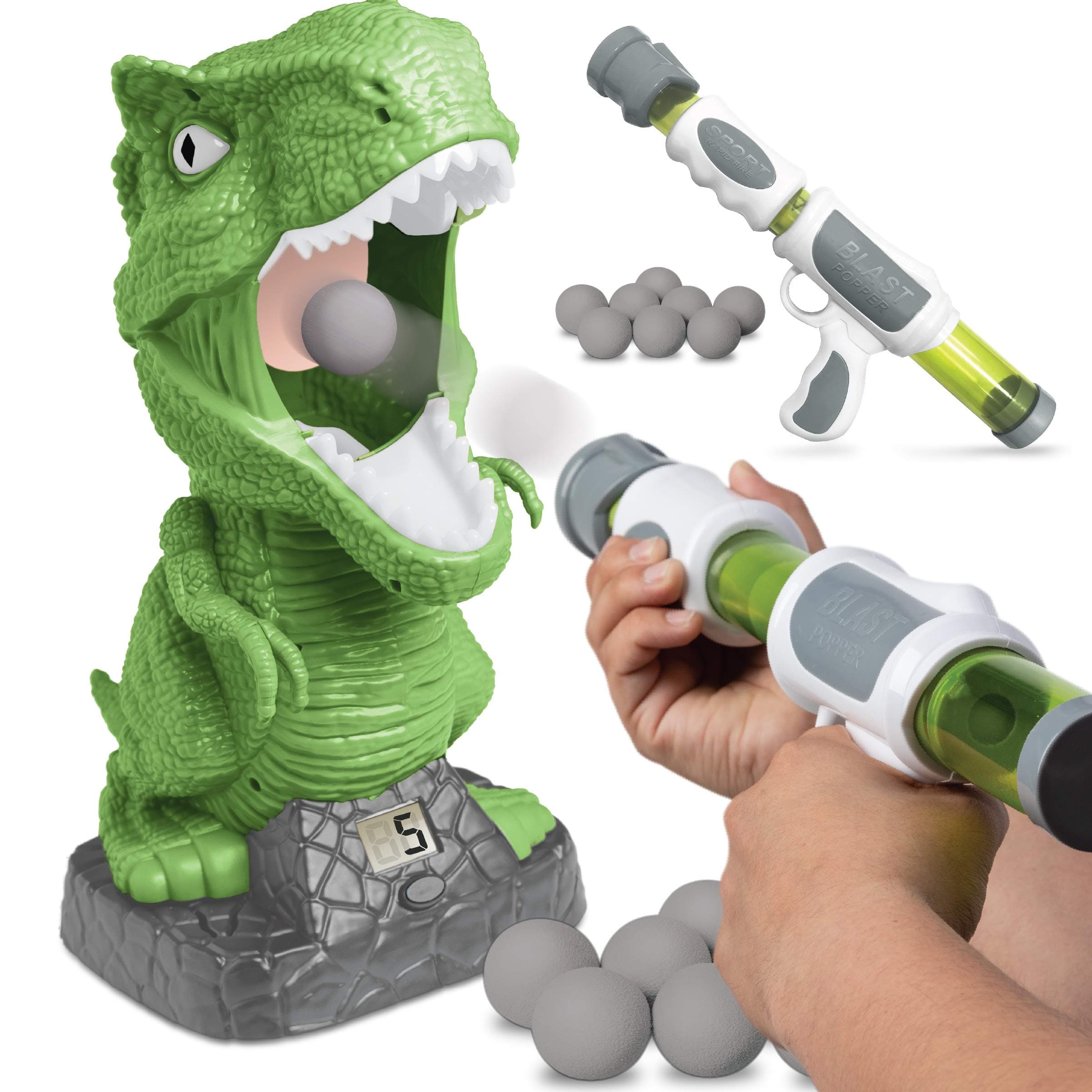 Hungry T-Rex Feeding Game, Carnival Style Shooting Target Competition for Kids, 8 Indoor Safe Foam Balls with Air Launcher, Electronic LCD Screen with Lever Tongue, Great for Ages 6 & Up