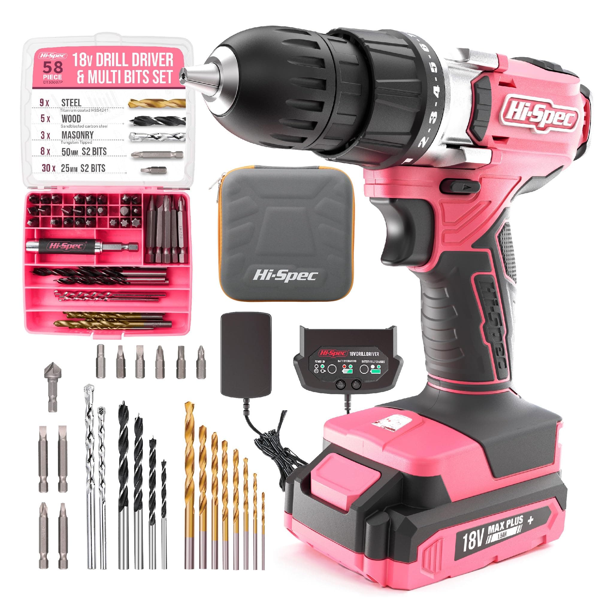 Hi-Spec 58pc 18V Cordless Power Drill Driver, Bit Set & Case. Complete Pink Drill and Drill Bit Set for Home & Garage DIY