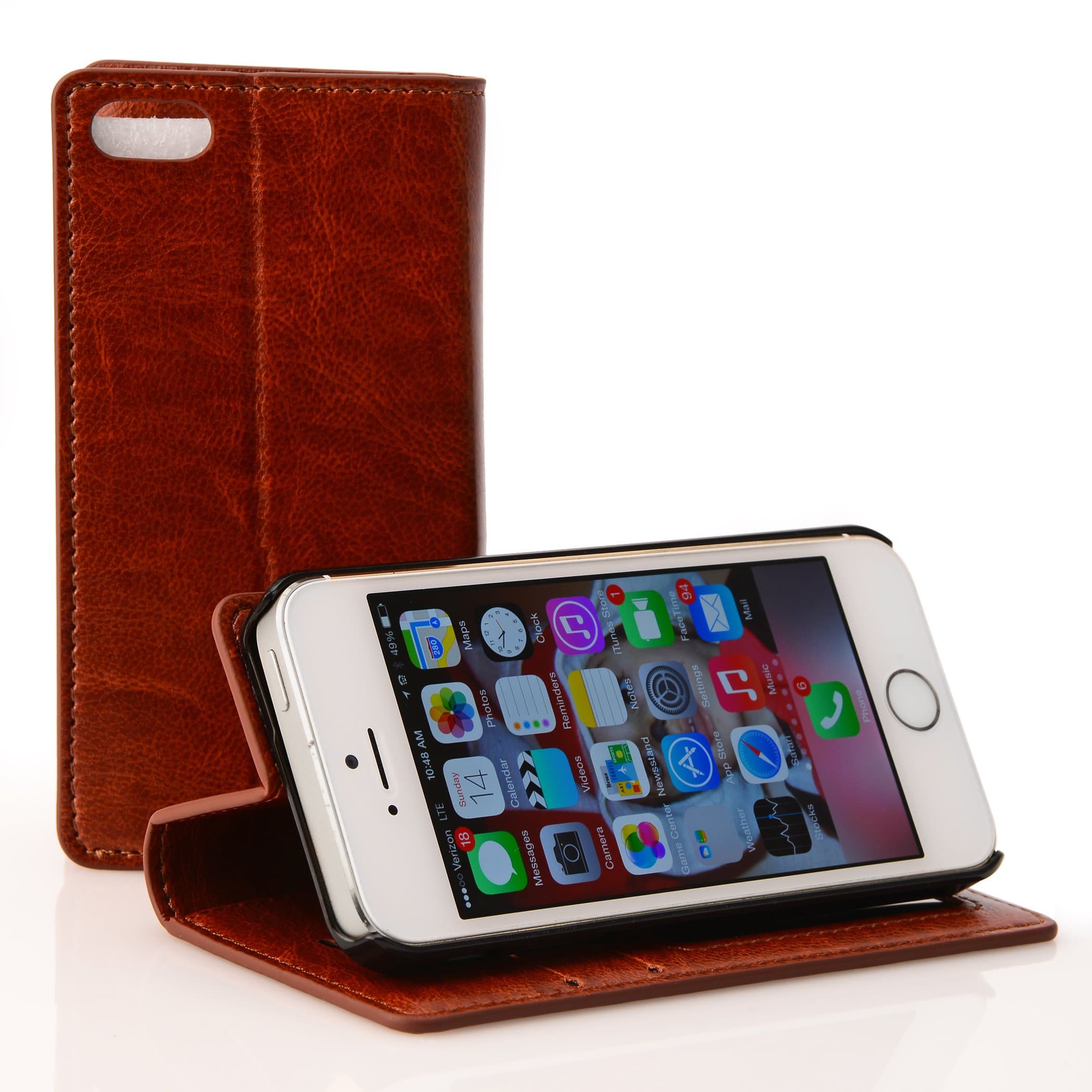Stony-Edge Leather Flip Case & Stand, Money Wallet & Credit Card Holder, for iPhone 5s Credit Card Case with Clear ID Window, Premium Quality, Includes FREE Polishing Cloth, Backed by a 2-Year Warranty - Light Brown