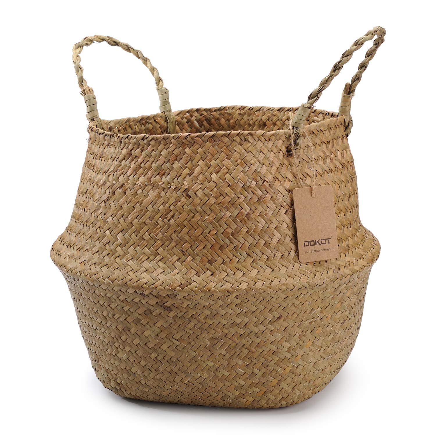 DOKOT Seagrass Plant Basket with Handles, Woven Storage Basket, 7inch Diameter x 8inch Height