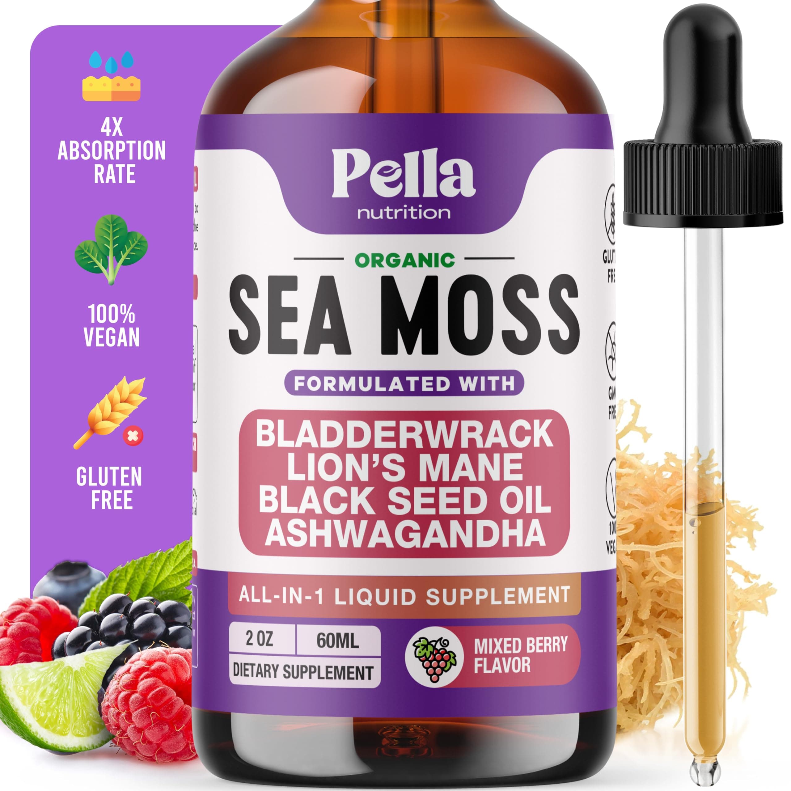 Sea Moss and Ashwagandha Liquid Supplement - Infused with Lion's Mane, Black Seed Oil, and Bladderwrack - Vegan, Easy-to-Mix Formula - Supports Antioxidant Activity & Immune Health (Mixed Berry, 60mL)