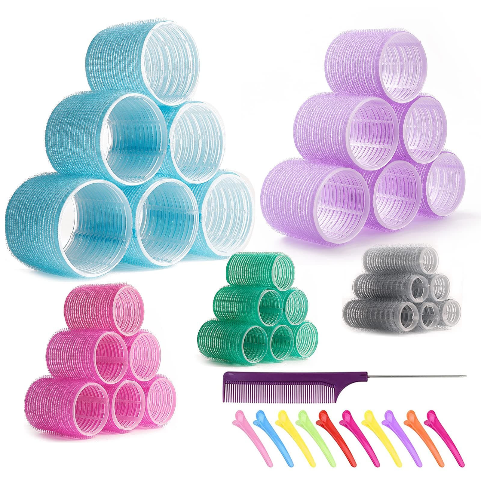 Jumbo Hair Rollers Hair Curlers. 3 inch Velcro Rollers, Large Self Grip Hair Curlers for Long Hair, Big Hair Rollers for Long Hair. No heat Curlers Hair Rollers with Clips & Comb. 30 Pack Multicolor