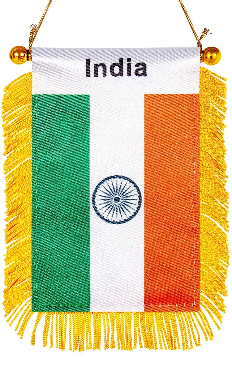 WXTWK 3 X 5 Inch India Flag Indian Window Hanging Flag Small Mini Car Flags Banners Rearview Mirror Decoration With Suction Cup Golden Fringy Banner