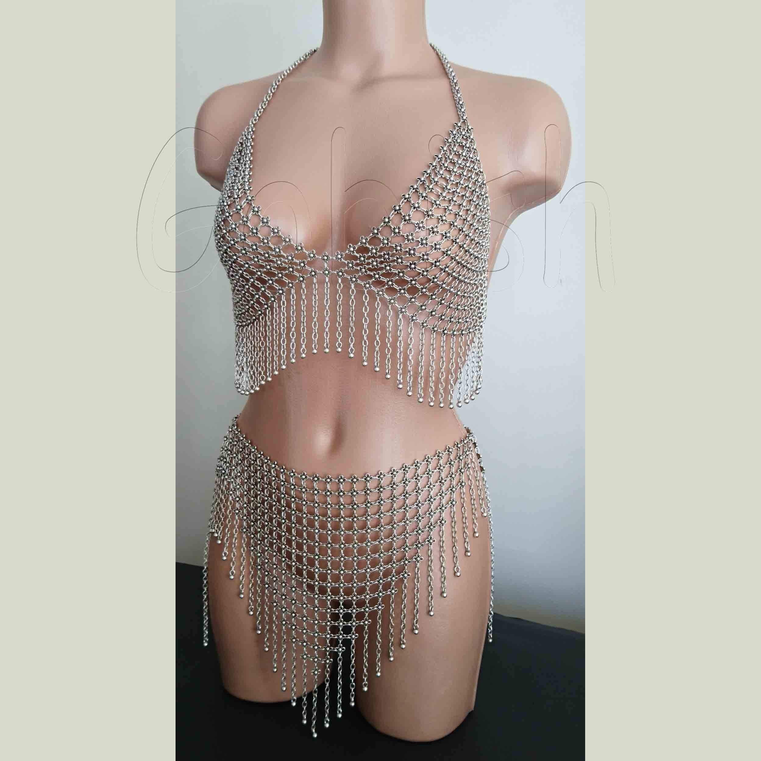 Handmade Silver Plated Metal Bra and Skirt with chain fringes Festival Clothing Chain mail style bikini set by Gobish