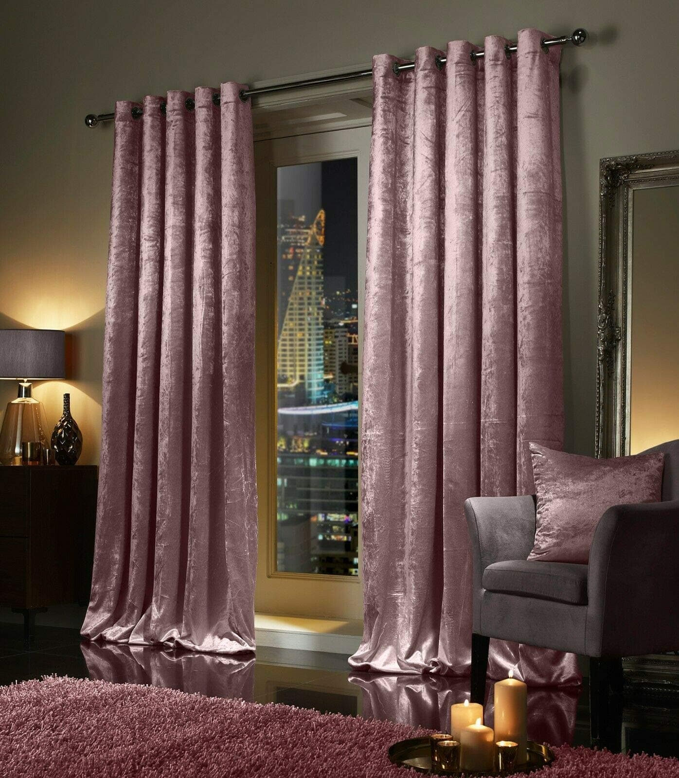 viceroy bedding Pair of Crushed Velvet Curtains EYELET Ring Top BLUSH PINK Fully Lined Thermal Insulated (46" wide x 54" drop)