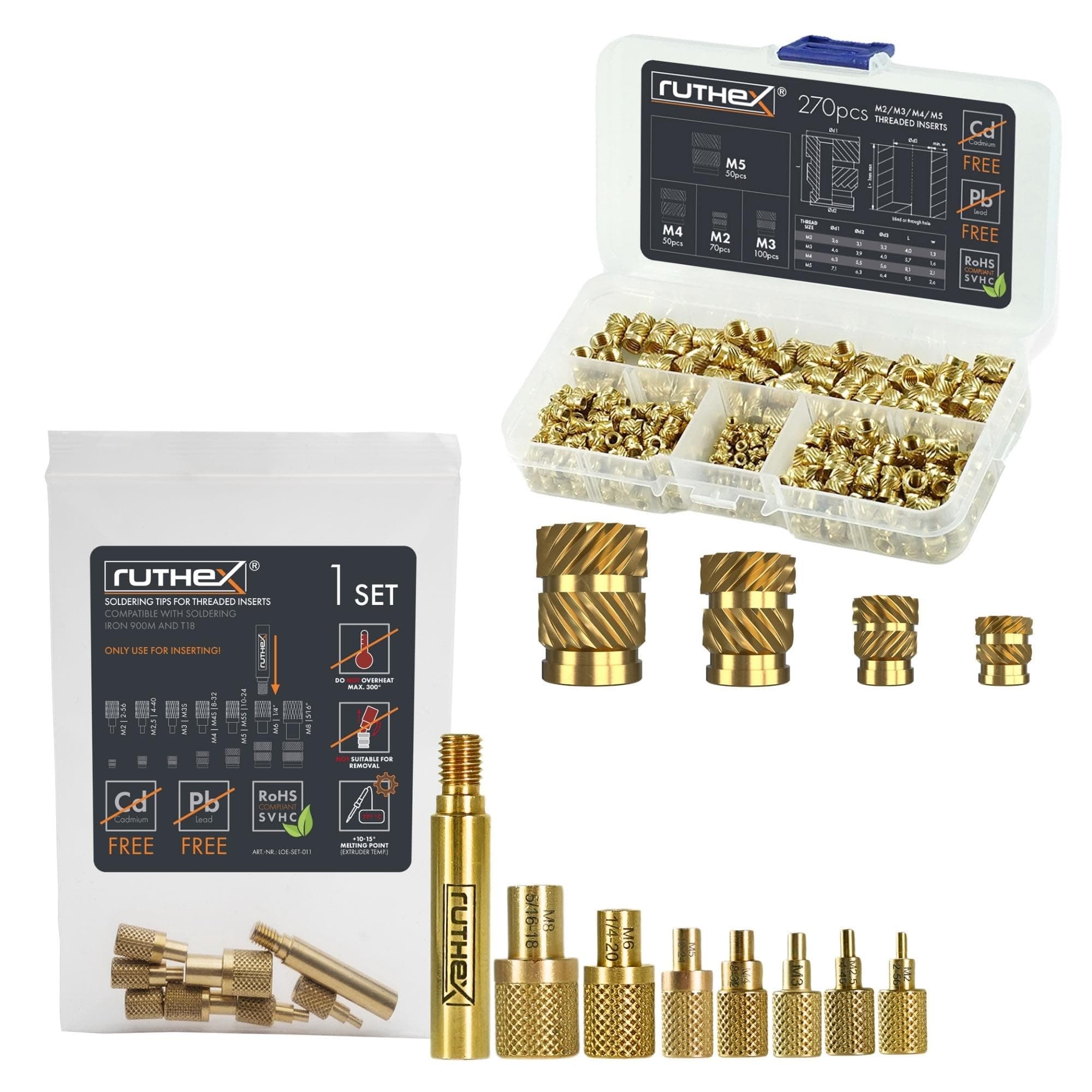 ruthex Bundle - Threaded Inserts M2 + M3 + M4 + M5 Assortment Box + ruthex 7X Soldering Tips/Heat-Set Insert Tips for Inserts in Plastic Parts and 3D Printer Parts