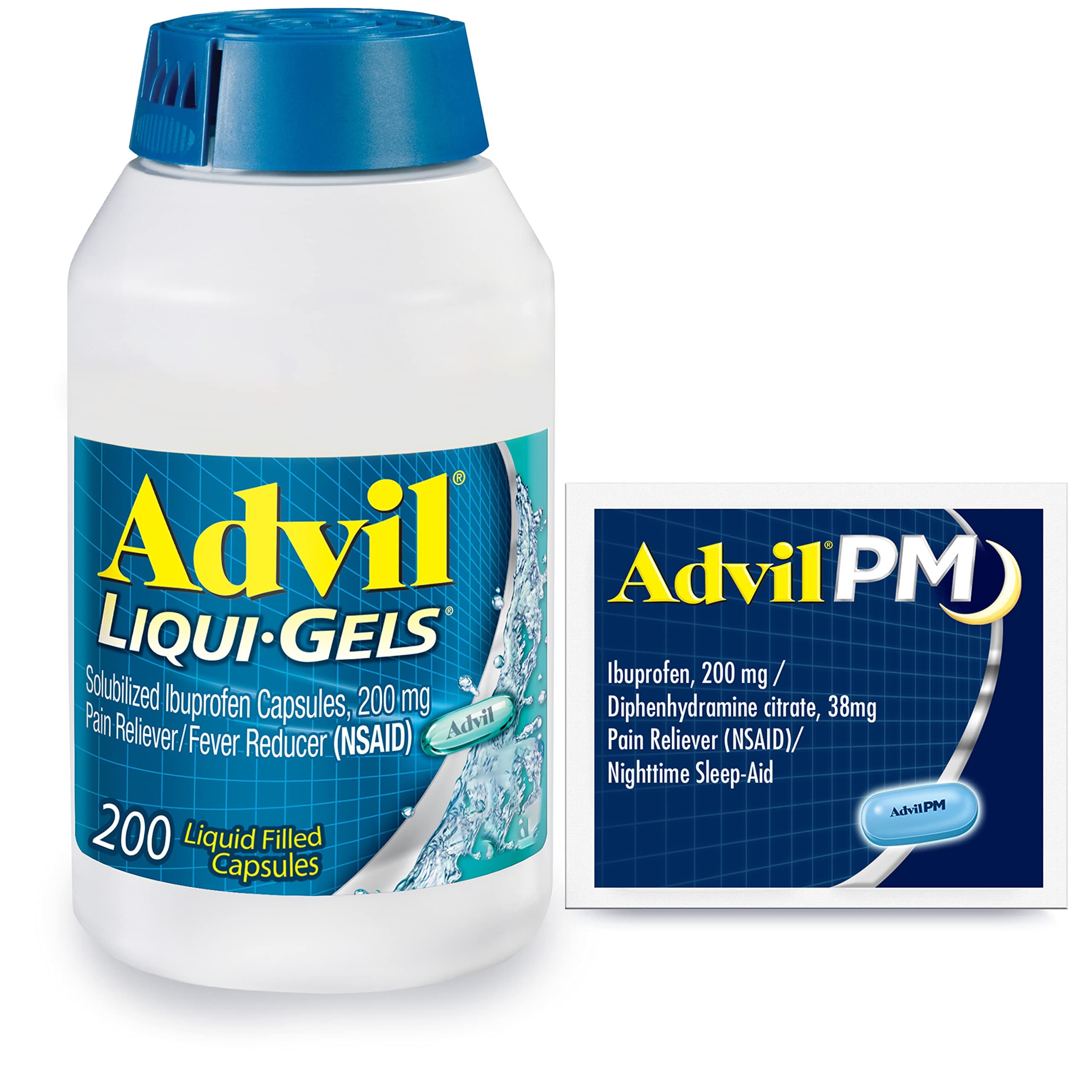 Liqui-Gels Pain Reliever and Fever Reducer, Pain Medicine for Adults with Ibuprofen 200mg for Headache, Backache, Menstrual Pain and Joint Pain Relief - 200 Capsules, Advil PM Ibuprofen - 2 Ct