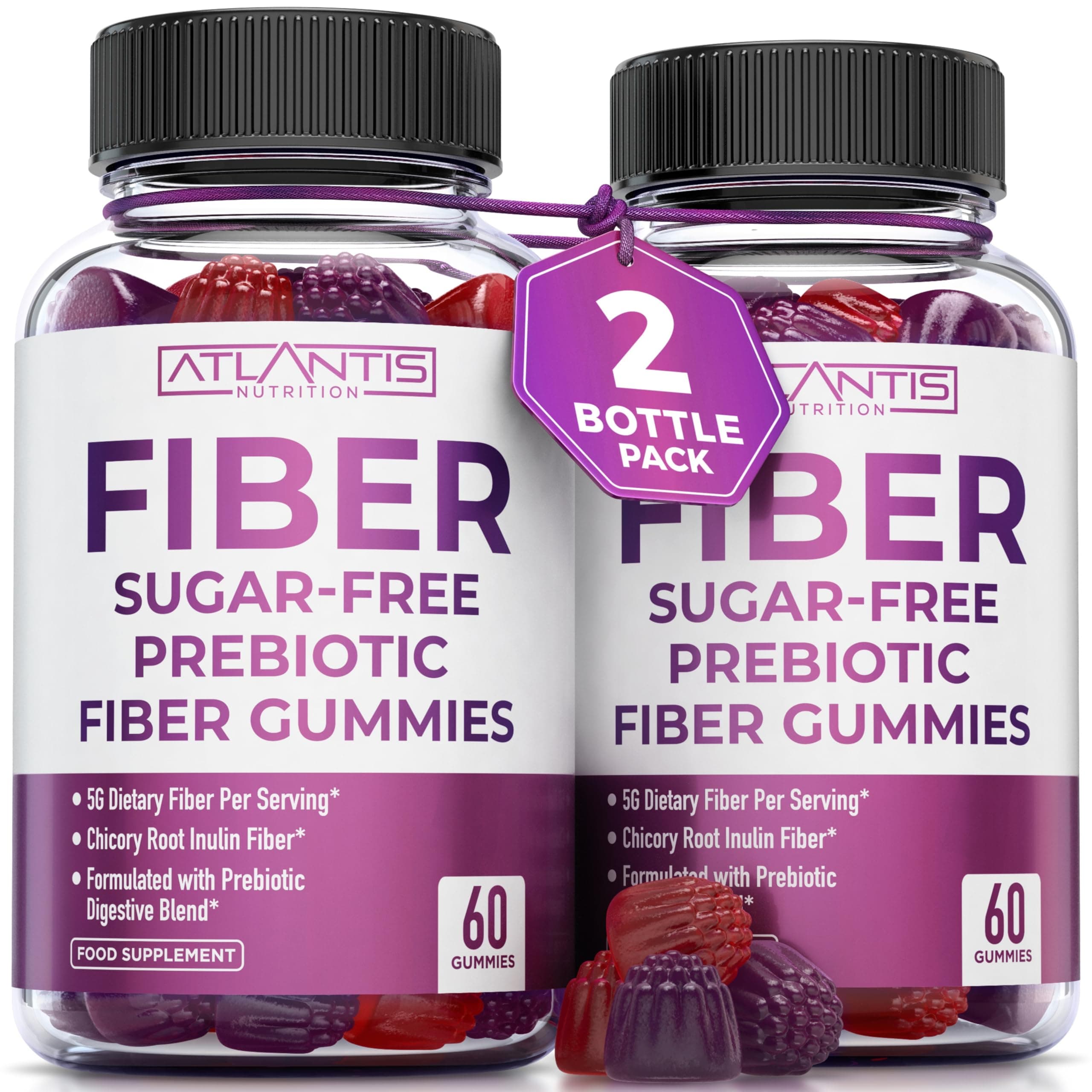 Sugar Free Prebiotic Fiber Gummies for Adults - Fiber Supplement Formulated with 5G Fiber & 5.4G Prebiotic Digestive Blend. Supports Gut Health & Promotes Healthy Digestion - 2-Pack (120 Gummies)