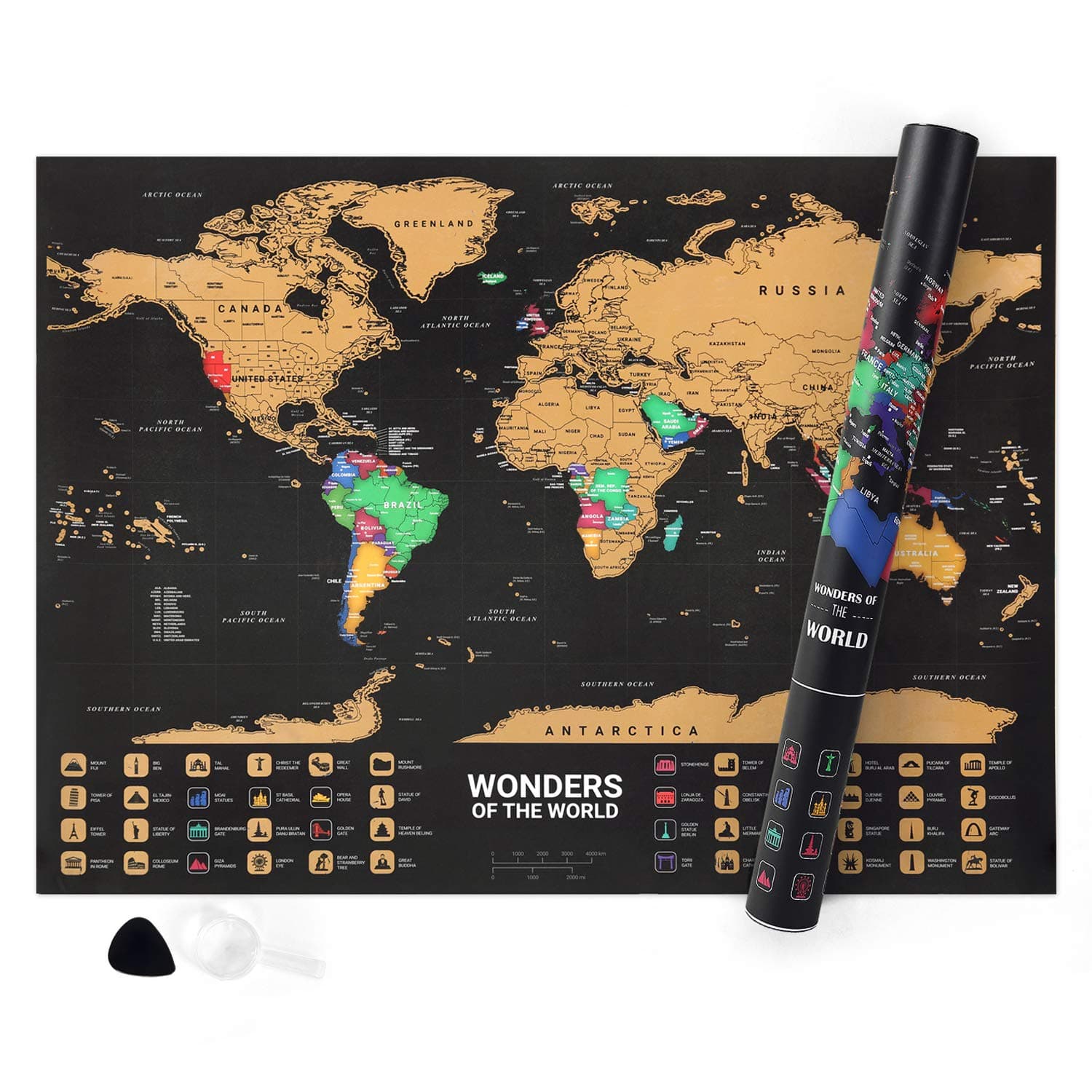 Norjews Scratch Off World Map World Poster, Detailed Map of The World with Capitals, States, Cities, Personalised Travel Tracker Map, Bonus Scratcher and Magnifying Glass (55 x 42cm)