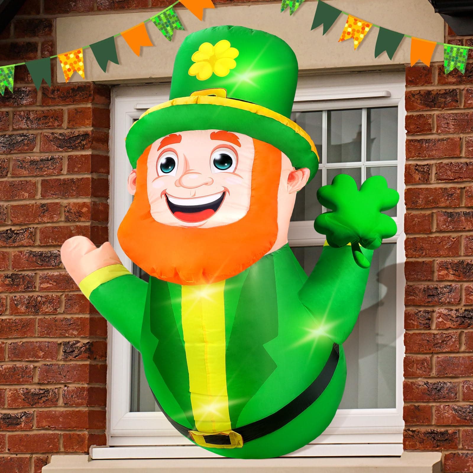 4 ft St Patrick's Day Inflatables Leprechaun with Clover Shamrock Broke Out from Window Holiday Blow up Party Decorations Inflatable Leprechaun with Built in LED Lights for Yard Outdoor