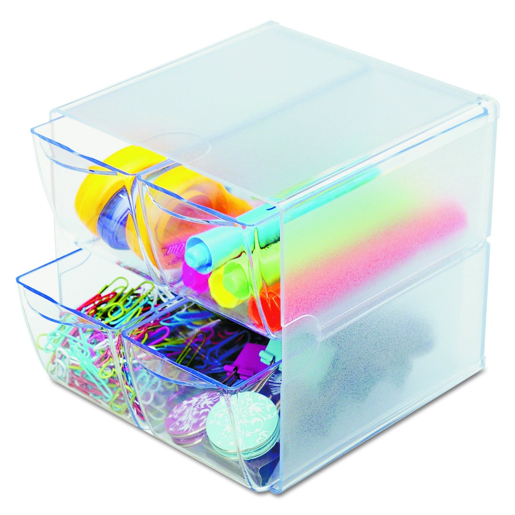 Deflecto Stackable Cube Organizer, Desk and Craft Organizer, 4 Drawers, Clear, Removable Drawers and Dividers, 6"W x 6"H x 7 1/8"D (350301)