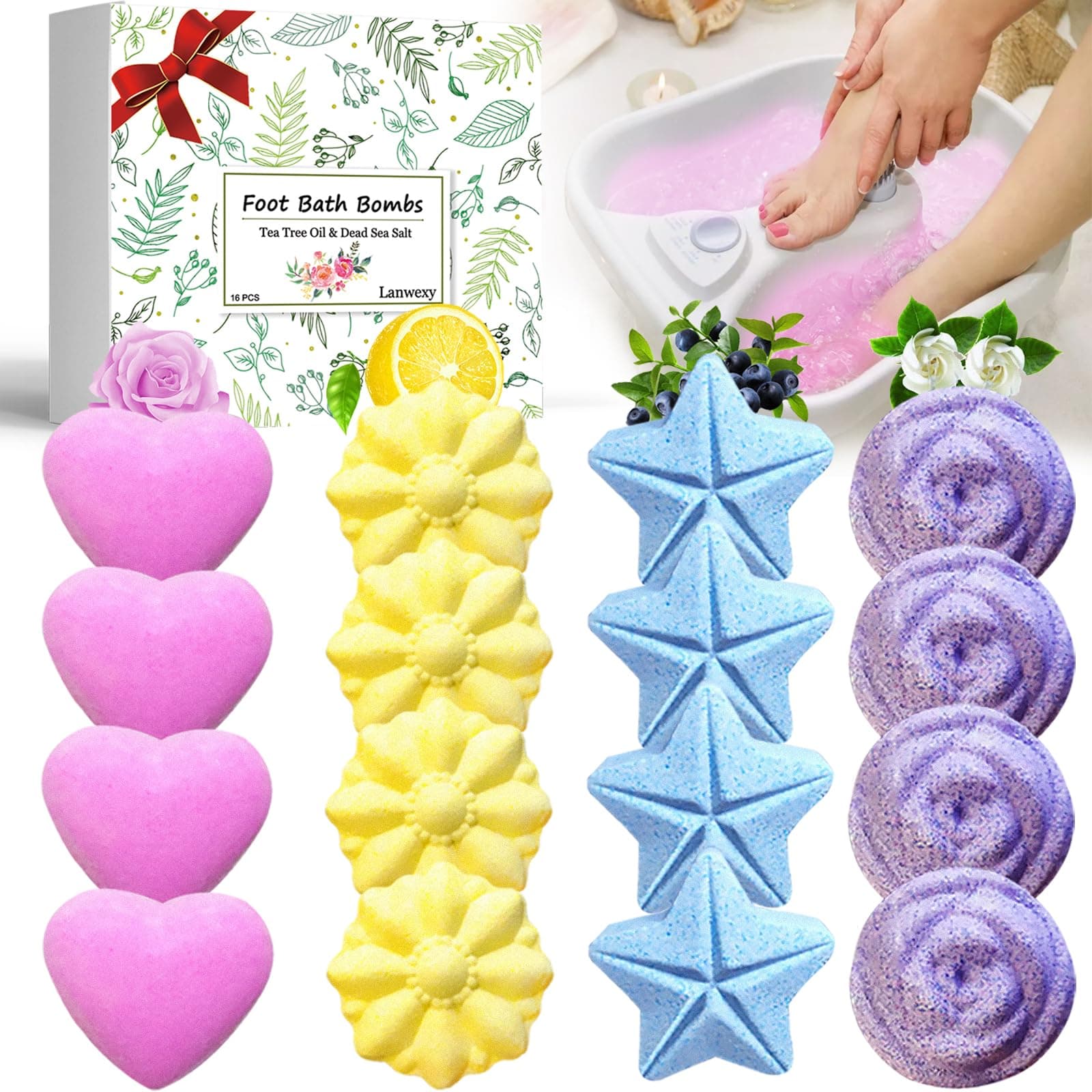 Bath Foot Bombs, 16 Pack Foot Soak with Bath Salt and Tea Tree Oil for Christmas. Organic Natural Handmade Aroma Pure Essential Oil Bubble Feet Balls for Foot Callus, Stubborn Feet Odor Scent.