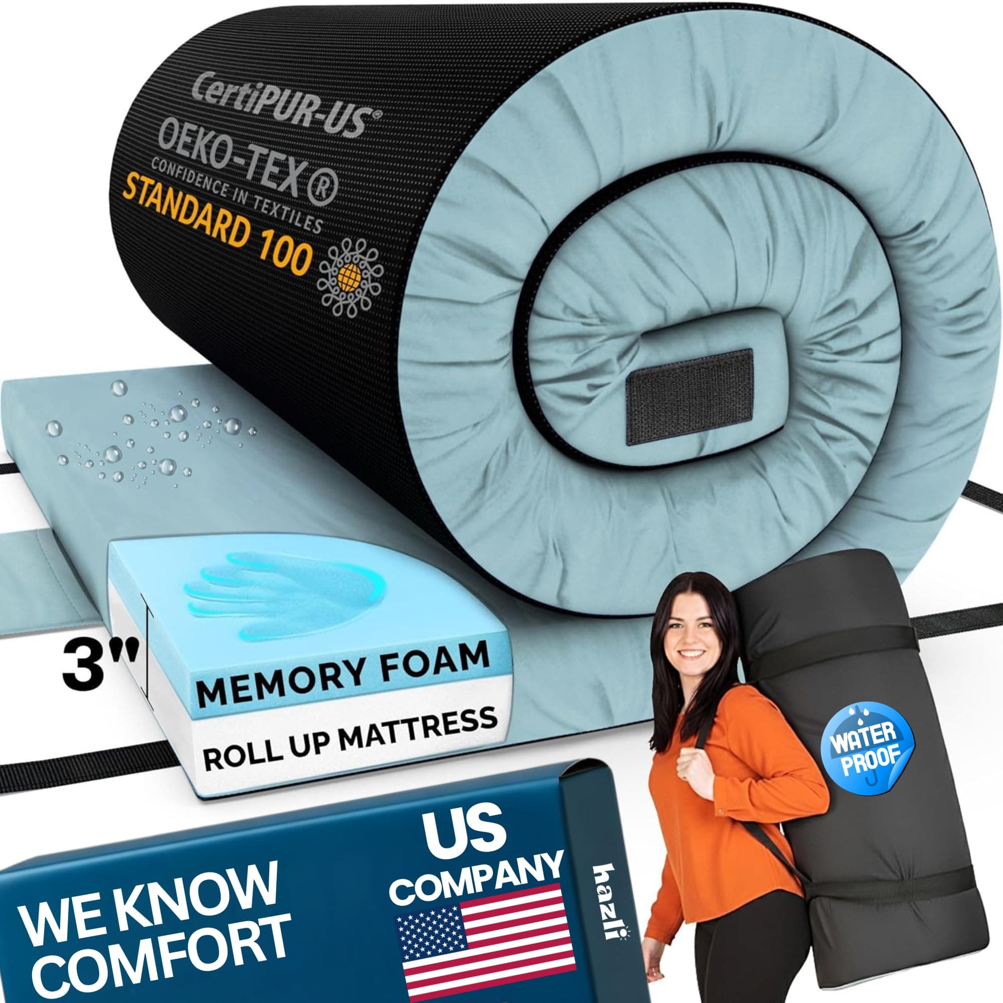 Hazli Matrix AirCell Memory Foam Camping Mattress Pad - CertiPUR-US Roll Up Mattress for Adults - Portable Foam Sleeping Mats for Camping - Camp Cot Sleeping Pad - Floor Sleep Mat Bed Roll for Car RV