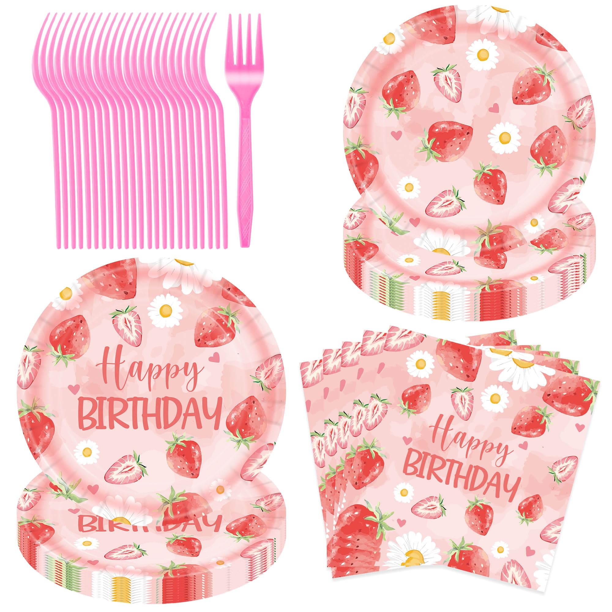 Berry First Birthday Decor, Strawberry Party Decorations 96Pcs Strawberry Birthday Party Plates Strawberry Party Napkins Supplies Summer Birthday Strawberry Baby Shower Decorations Sweet One Birthday