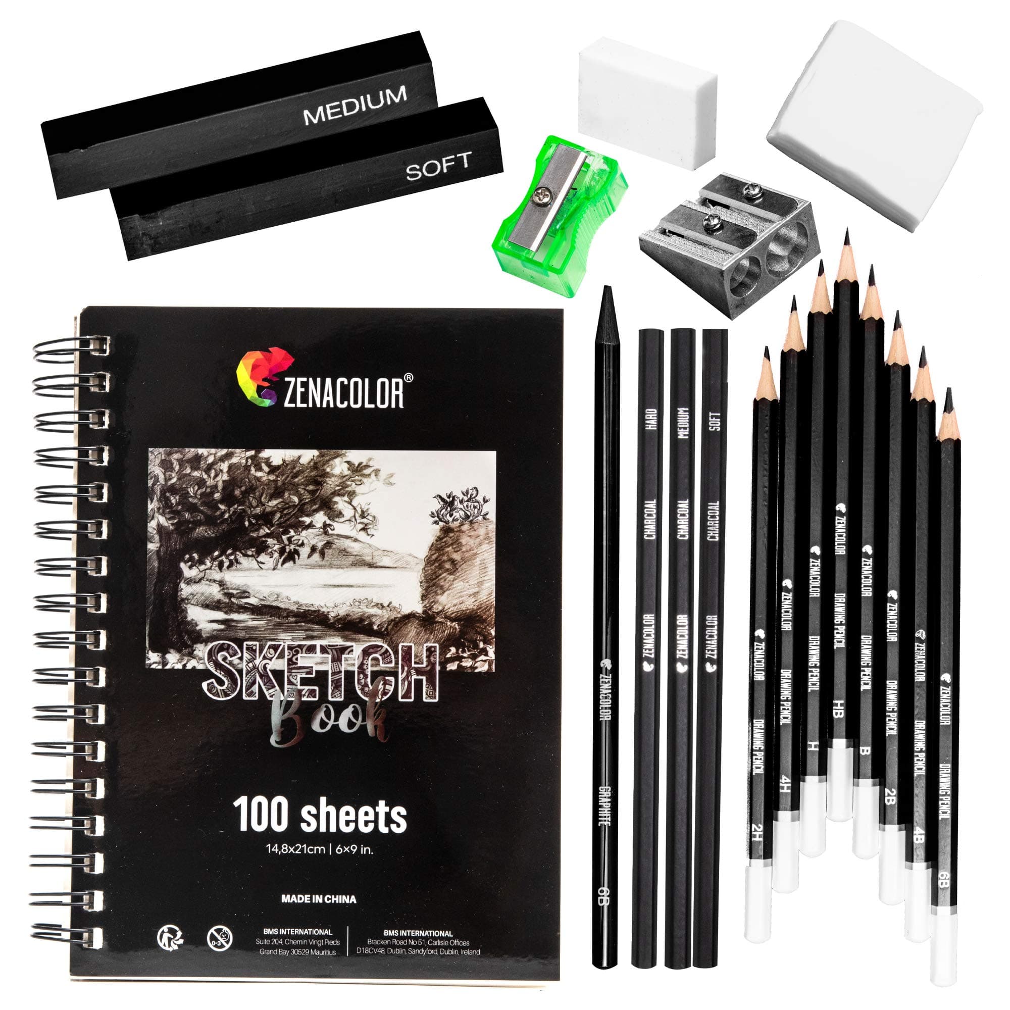 ZenacolorComplete Drawing Kit – Beginner or Professional – 19 Accessories: 8 Pencils, 3 Charcoal Pencils, 1 Graphite, 3 Charcoal Sticks, Drawing Book 100 Pages – Artist Gift All Levels
