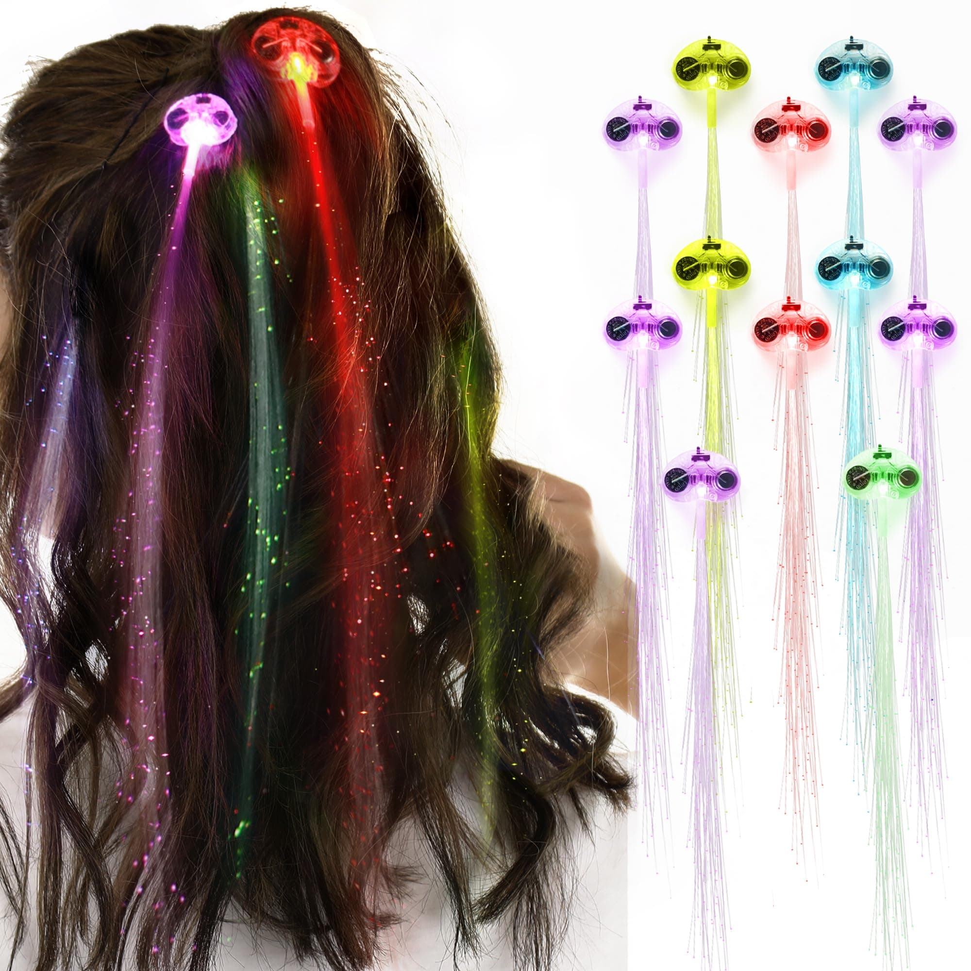 Novelty Place Pack of 12 LED Light Hair Barrettes, LED Light Hair Extension with Clip, Bar Dancing Hairpin Light-Up Party Favor Set for Girls - Alternating Changing Colors (14 Inch)