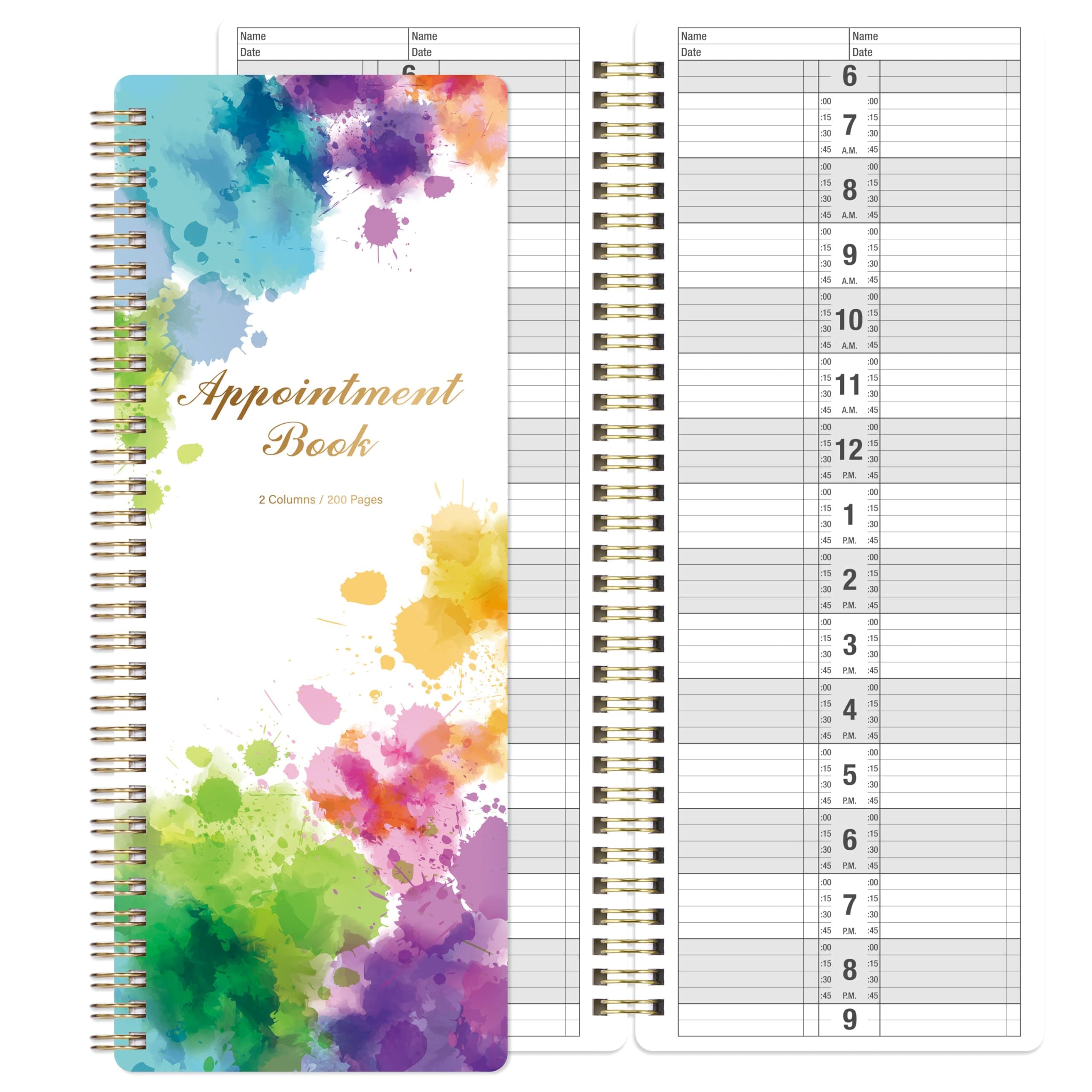 Appointment Book - Salon Appointment Book, 11.5" x 4.7", Hourly Planner, 2 Columns, Undated, 6AM to 9PM, Spiral Bound 200 Pages, Colorful