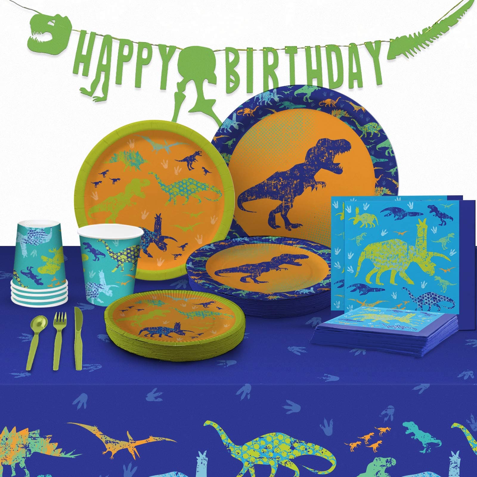 Dinosaur Party Supplies - ( Serves 16) - Dinosaur Decorations Set for Birthday Party - Plates, Cups, Napkins, Happy Birthday Banner, Table Cover, Utensil sets - TREX Bday Theme Pack
