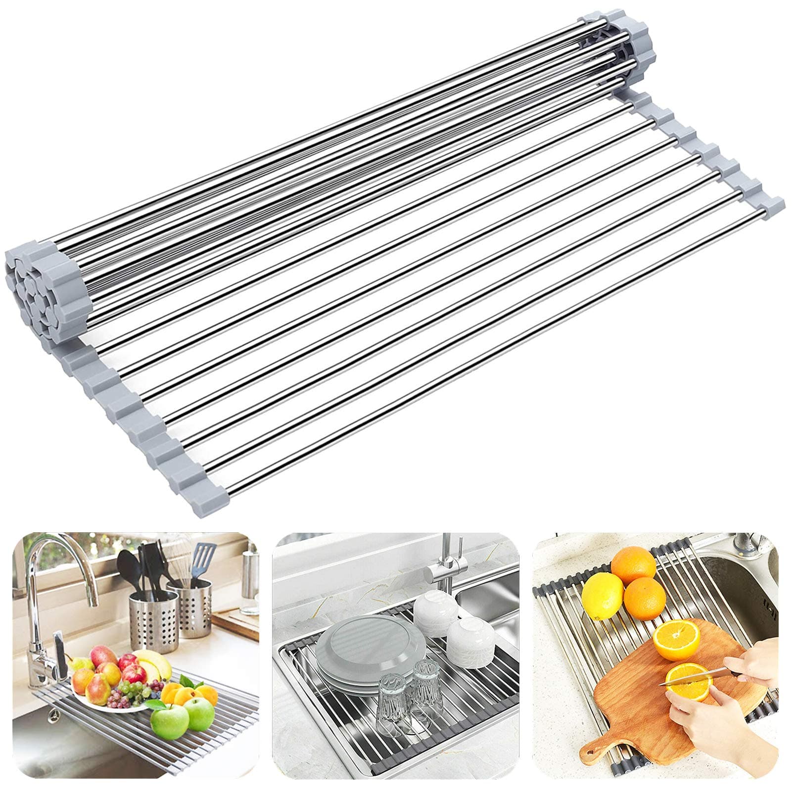 Over The Sink Dish Drying Rack, Roll up Sink Dish Drainer Rack Multipurpose Foldable Kitchen Stainless Steel Dish Rack Sink Drying Rack (17.7” x 11.8”)