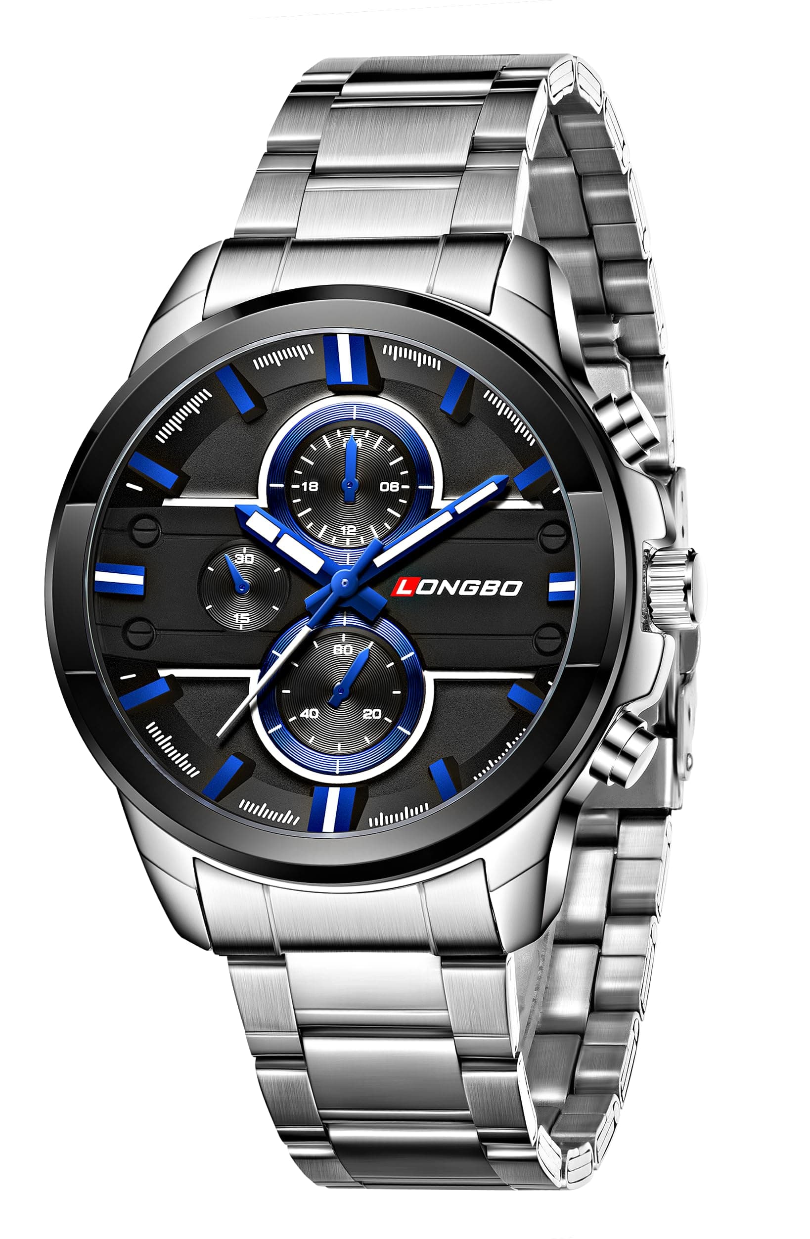 Silver Business Casual Stainless Steel Decorative Subdials Luminous Hands Big Black Dial Scratch Resistant Waterproof Analogue Watch for Men and Boys