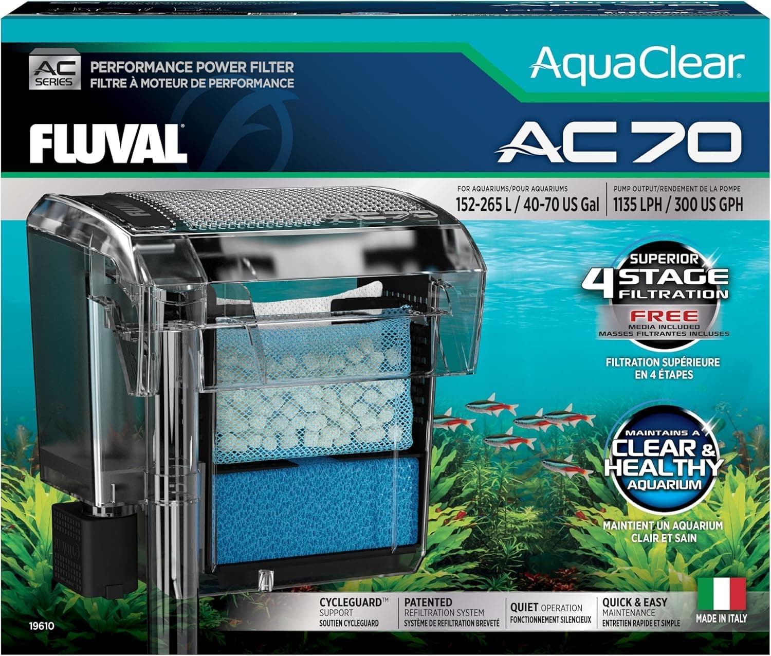 AquaClear 70 Power Filter, Fish Tank Filter for 40- to 70-Gallon Aquariums, Black