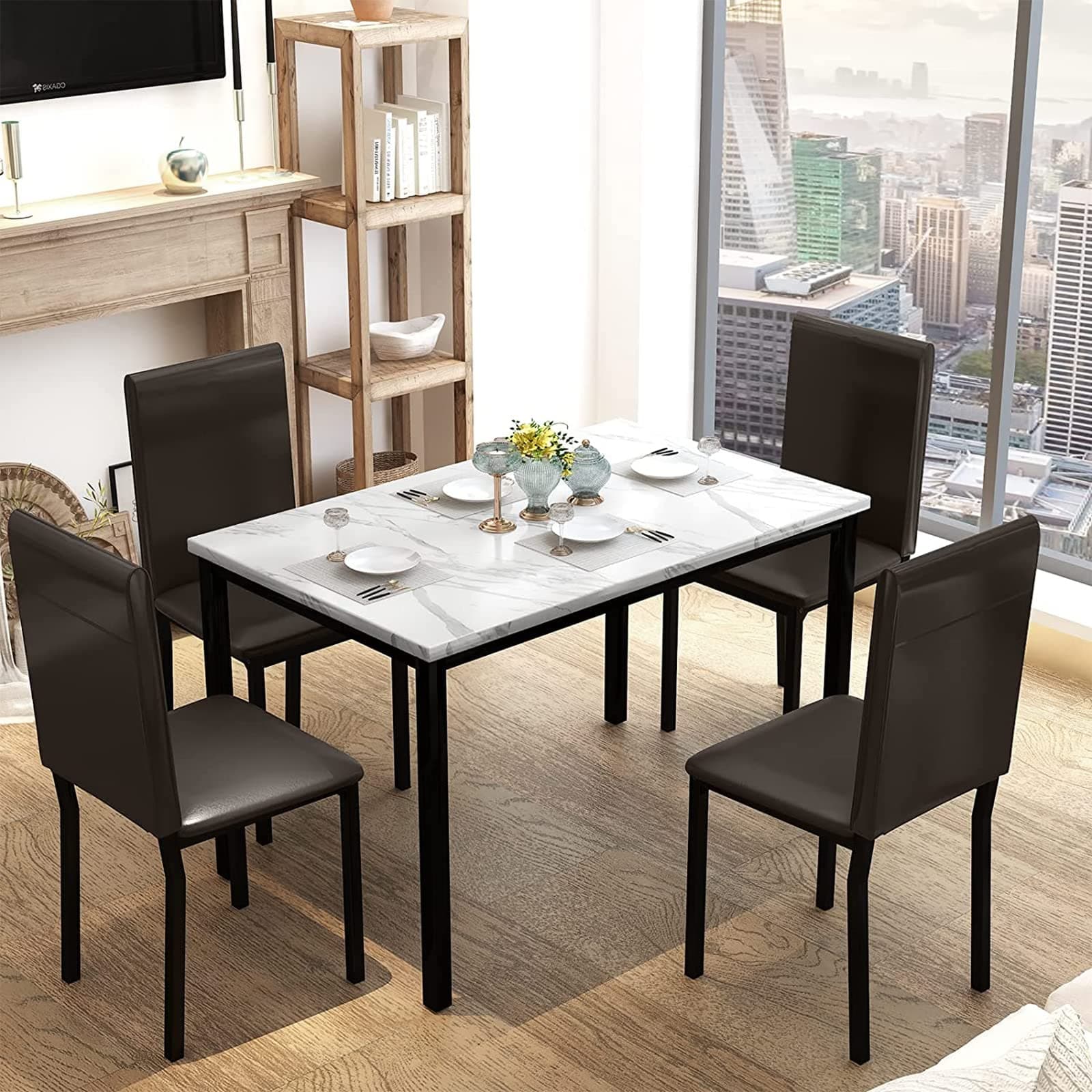Recaceik Dining Table Set for 4, Modern Kitchen Table Set with Faux Marble Tabletop ＆ 4 PU Leather Upholstered Chairs, Dining Room Table Set for Small Spaces, Dining Room, Kitchen, White+Brown