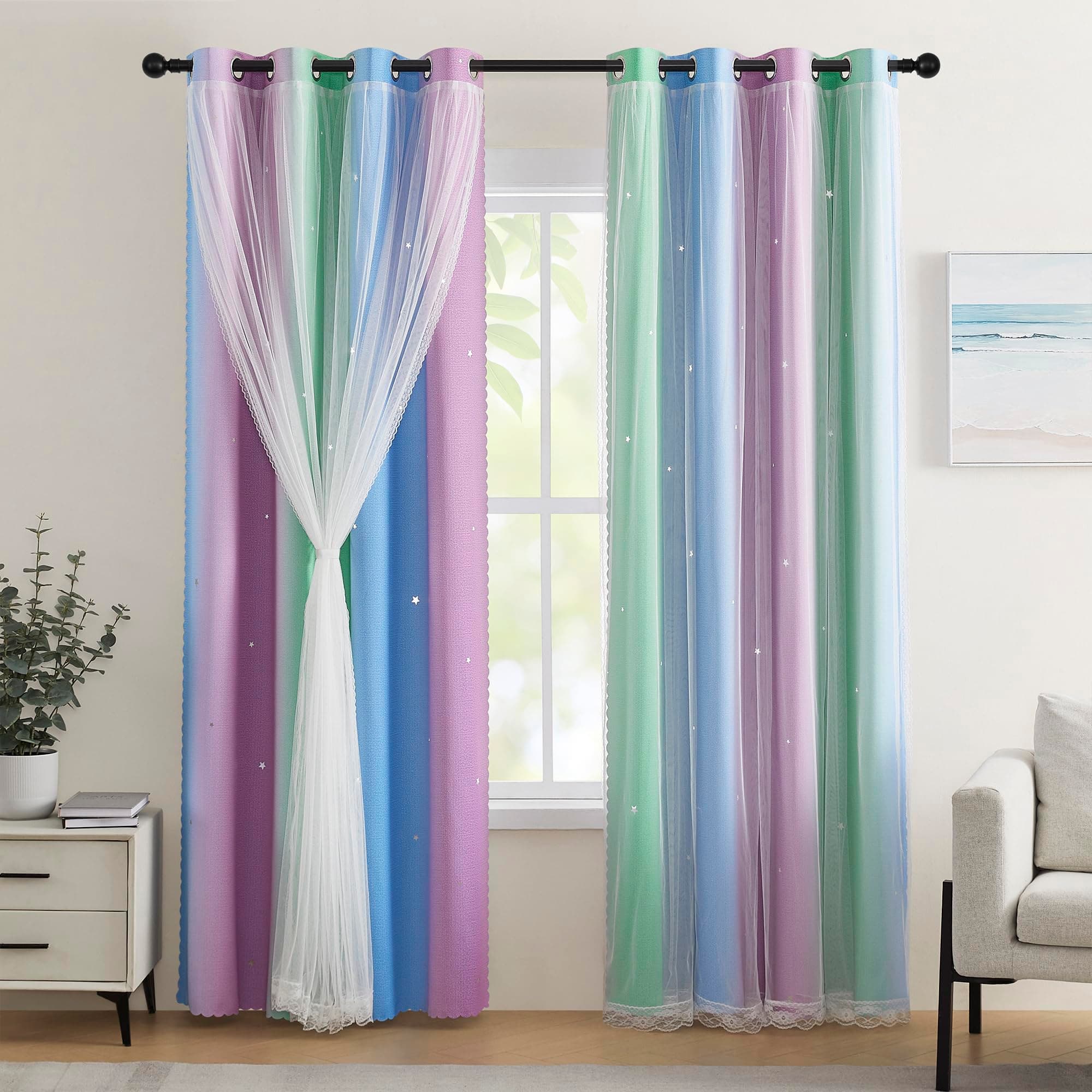 XiDi Blue & Rainbow Curtains for Kids & Girl Rooms - Blackout, Unicorn Wall Decals, 34x84 Inch, 1 Panel