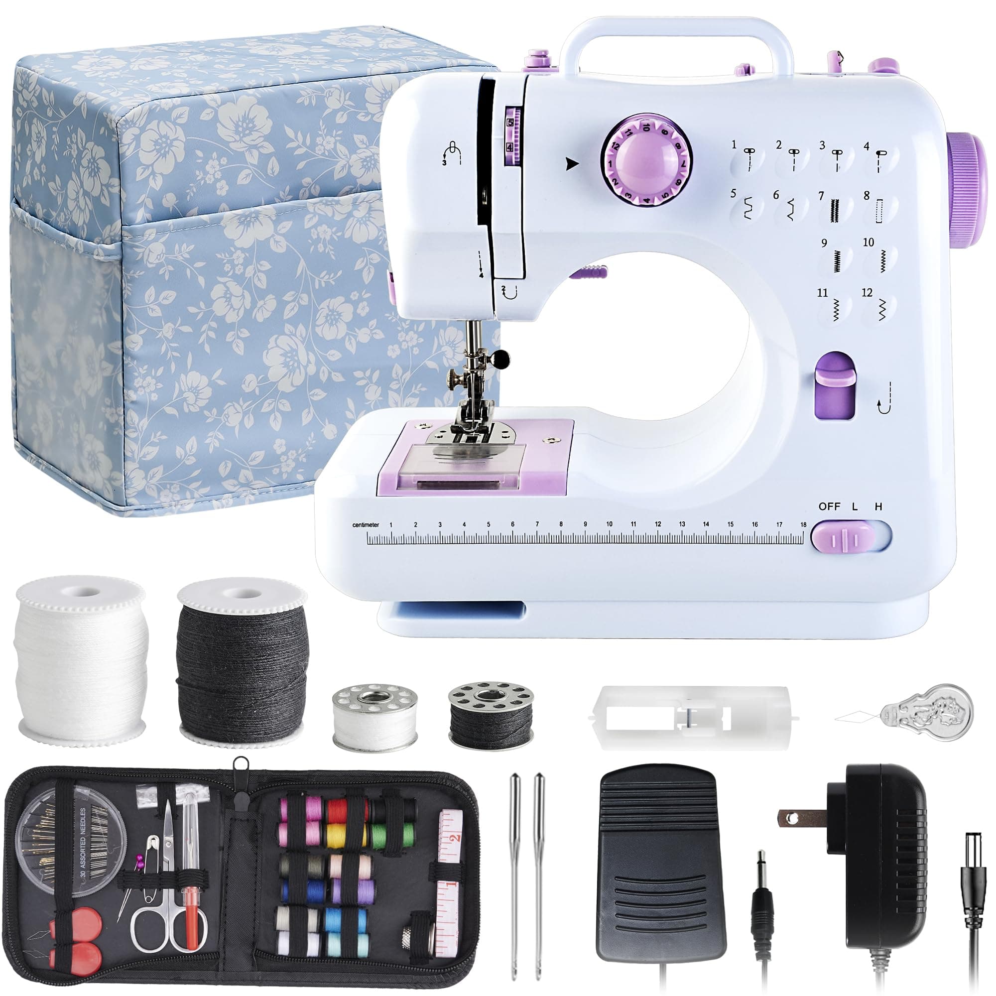 Sewing Machine for Beginners & Kids, Mini Portable Sewing Machines with 12 Built-in Stitch Patterns, 2-Speed Foot Pedal, Perfect for Teaching Daughter Granddaughter to Sew(Purple White)