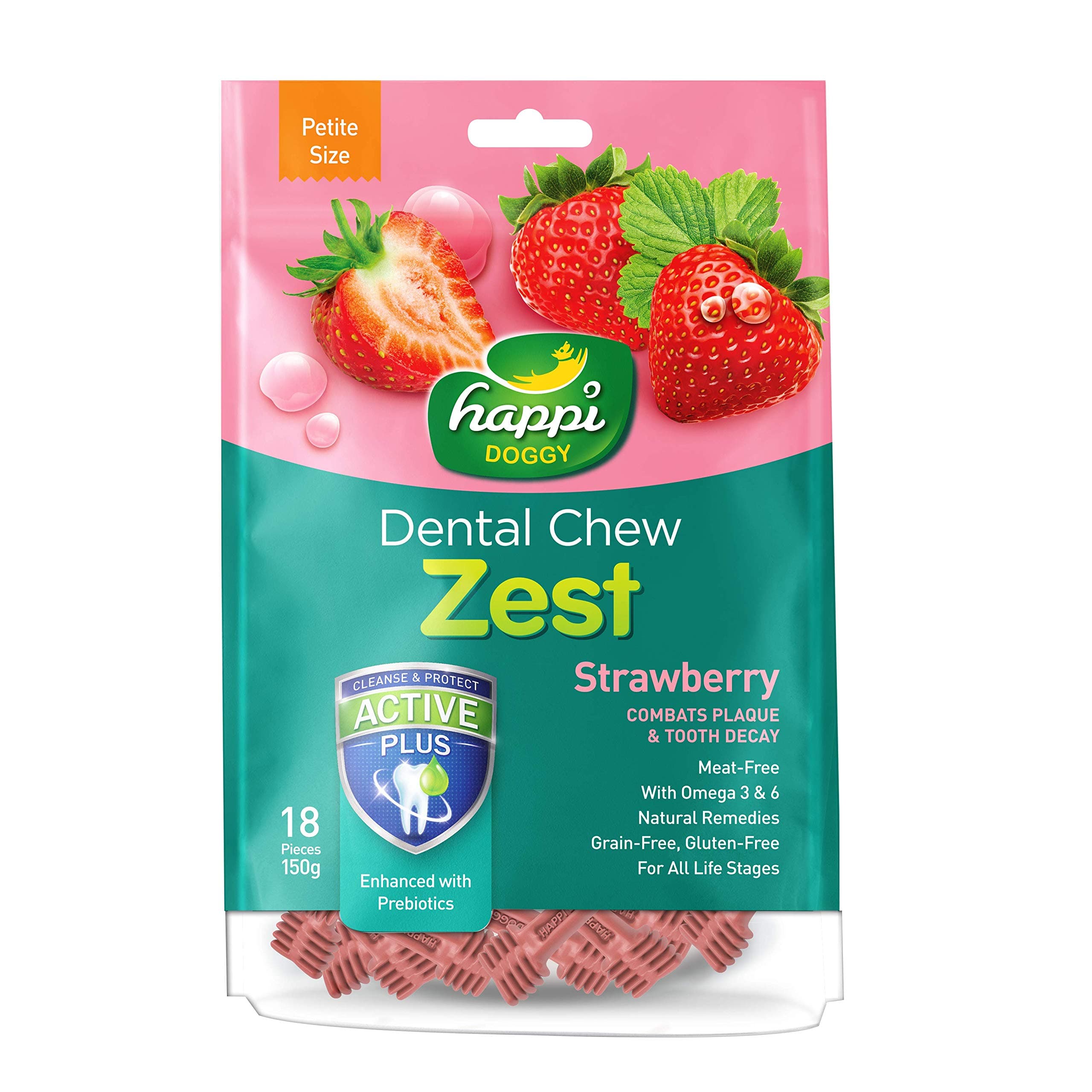 Heads Up For Tails Happi Doggy Gluten & Grain-Free Dental Chew Zest Dog Treats-Strawberry Flavor|Healthy Chew Treats|Oral Health & Dental Care|Nutritious Chews for Adult Dogs & Puppies-150 gm