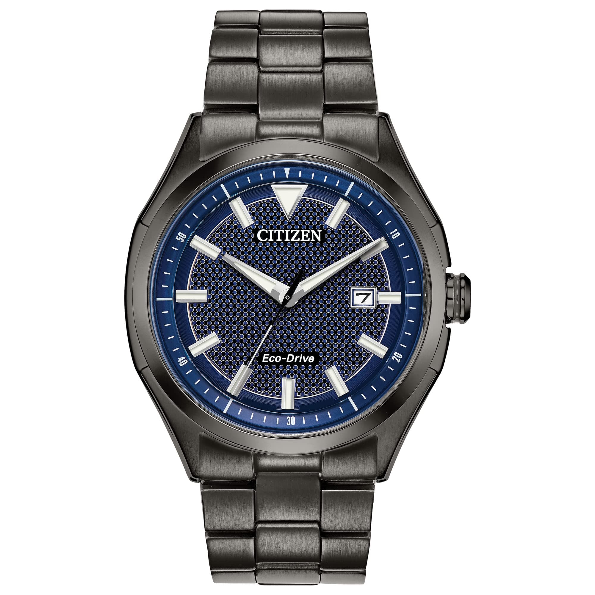 Men's Eco-Drive Weekender 3-Hand Date Watch in Black IP Stainless Steel, Blue Dial (Model: AW1147-52L)