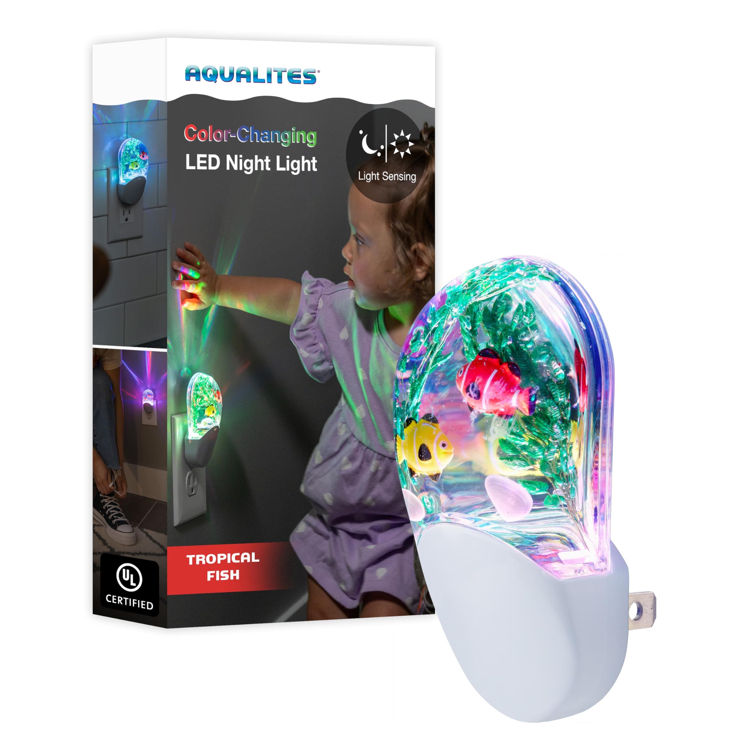 Aqualites 10908 Tropical Fish LED Night Light, Plug-In, Color Changing, Light Sensing, Auto On/Off, Soft Multicolor Glow, Energy Efficient, Features Soothing Oceanic Image of Coral Reef and Clown Fish