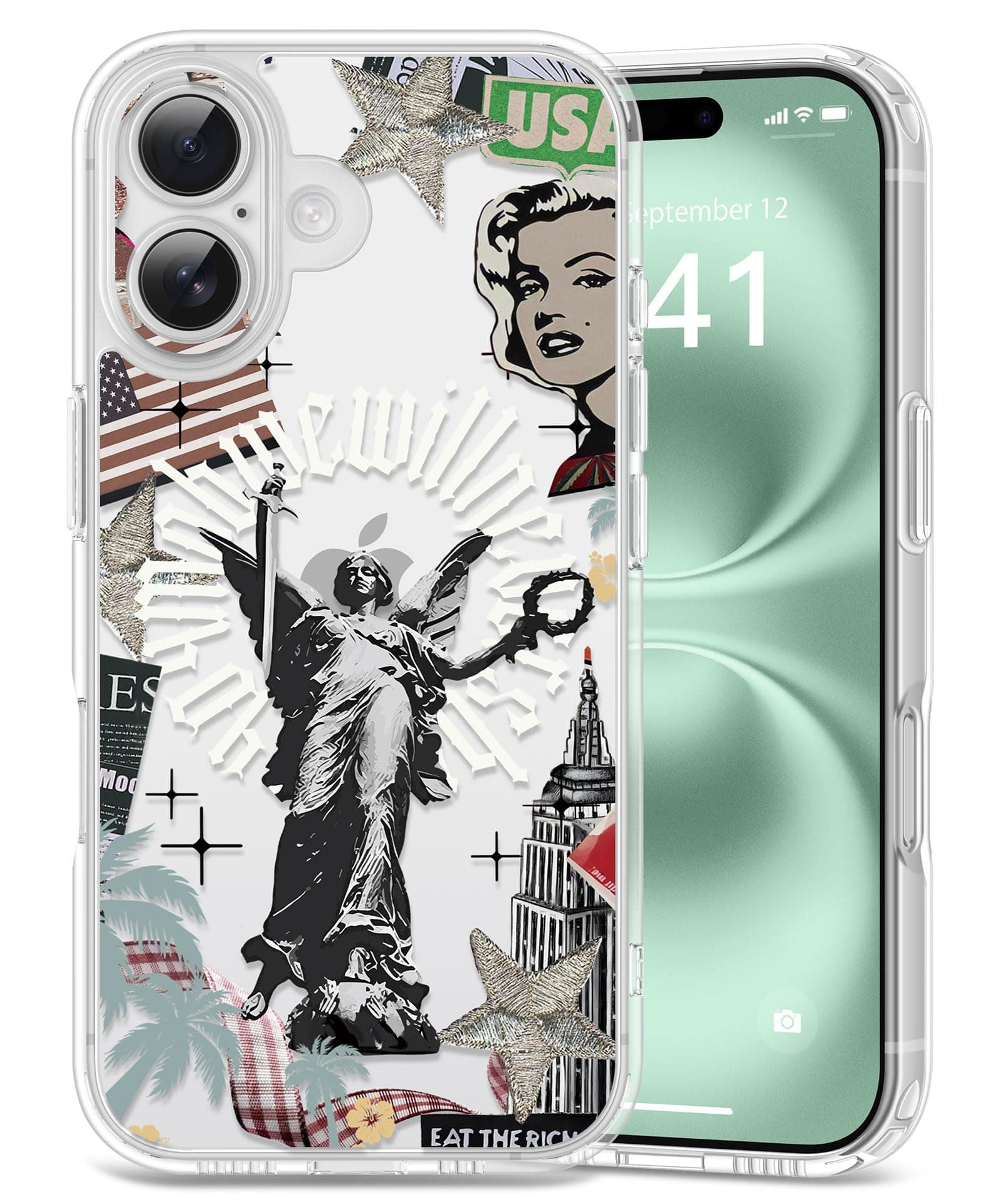 for iPhone 16 Plus Case, [Full Camera Protection] [Not Yellowing] [Military-Grade Drop Protection] Cute Clear Slim Shockproof Protective Phone Cover for Women Girls 6.7", Liberty Land/Grey