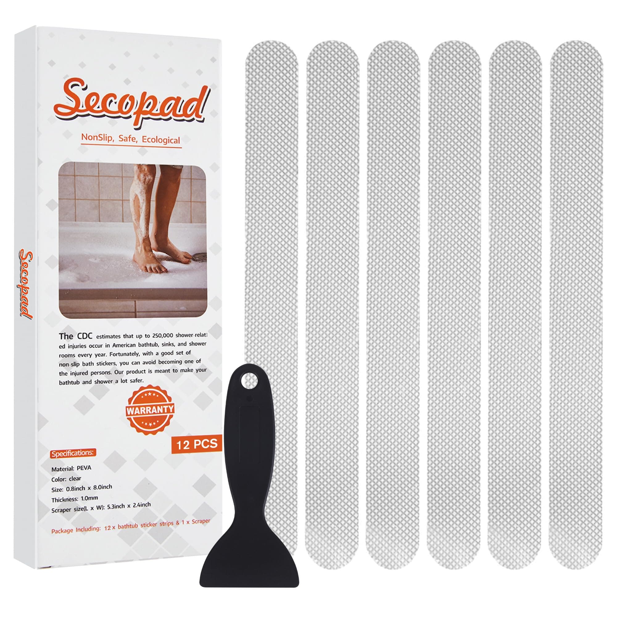 Secopad Original Anti-Slip Shower Stickers for Bathtub & Shower Floor, Strong Adhesive Safety Strips with Scraper Ideal for Families with Kids, Adults & Seniors, 24 PCS (Clear)