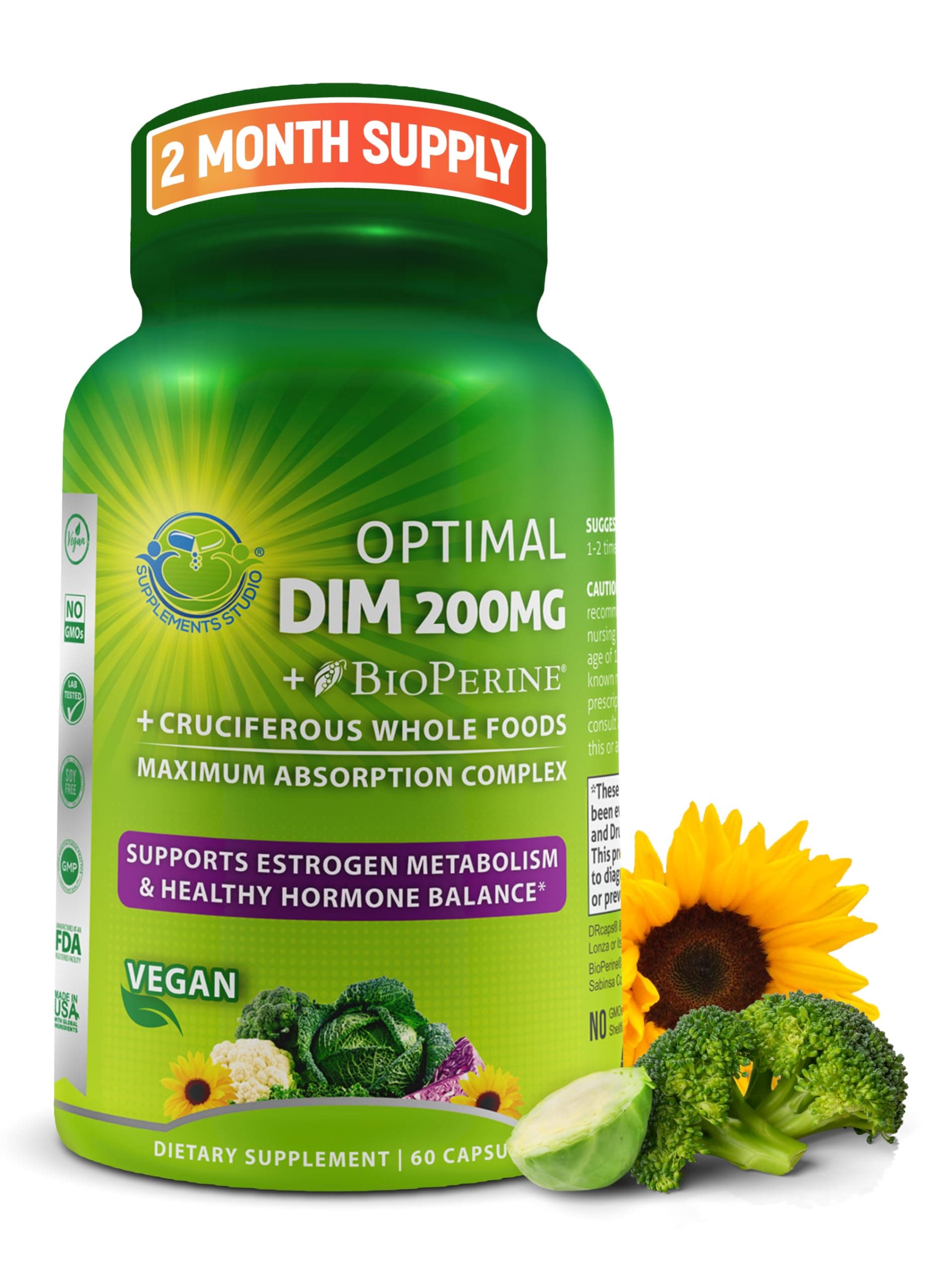 - Optimal DIM 200mg Supplement for Women and Men - Made with Organic Whole Foods - Estrogen & Hormone Balance Support Diindolylmethane Complex - Maximum Absorption Delayed-Release Capsules - 60 Count