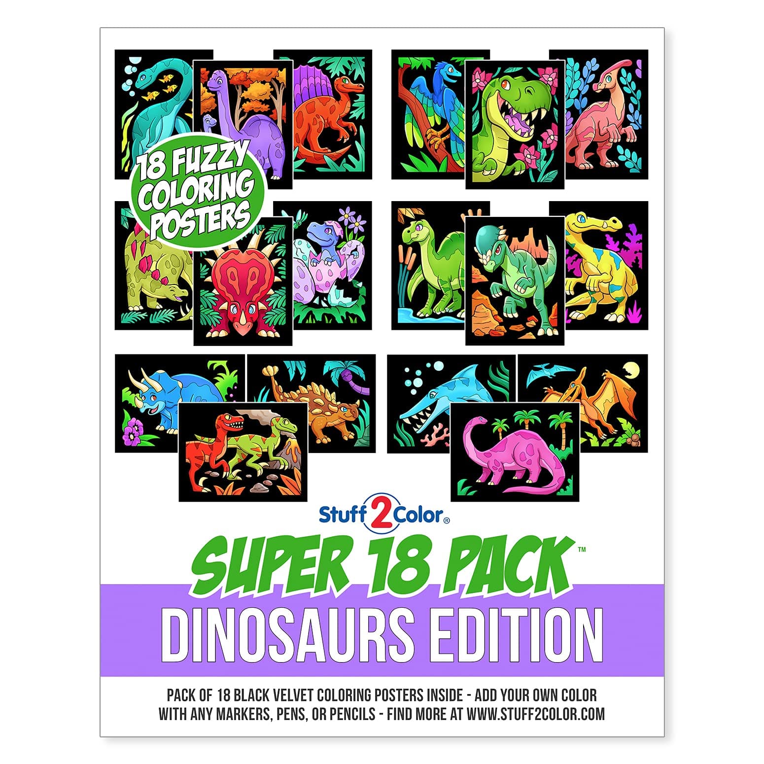 Super Pack of 18 Fuzzy Velvet Coloring Posters (Dinosaurs Edition) - Arts & Crafts for Boys and Girls - Great for After School, Travel, Quiet Time, Group Activities, and Coloring with Friends