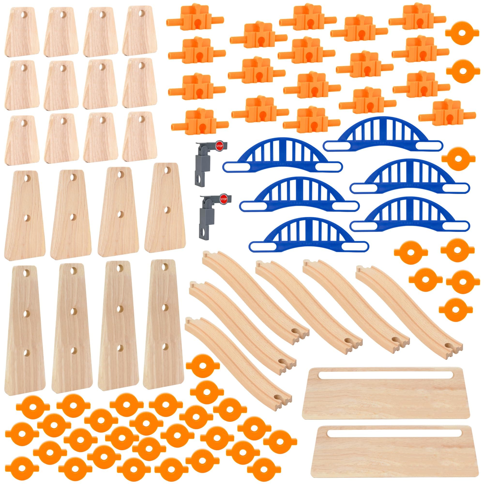 ORBRIUM 90 Pcs Ultimate Elevated Wooden Railway Construction Set Compatible with Thomas, Brio, IKEA, Imaginarium, Melissa & Doug Wooden Railway - Ascending Tracks and Bridge