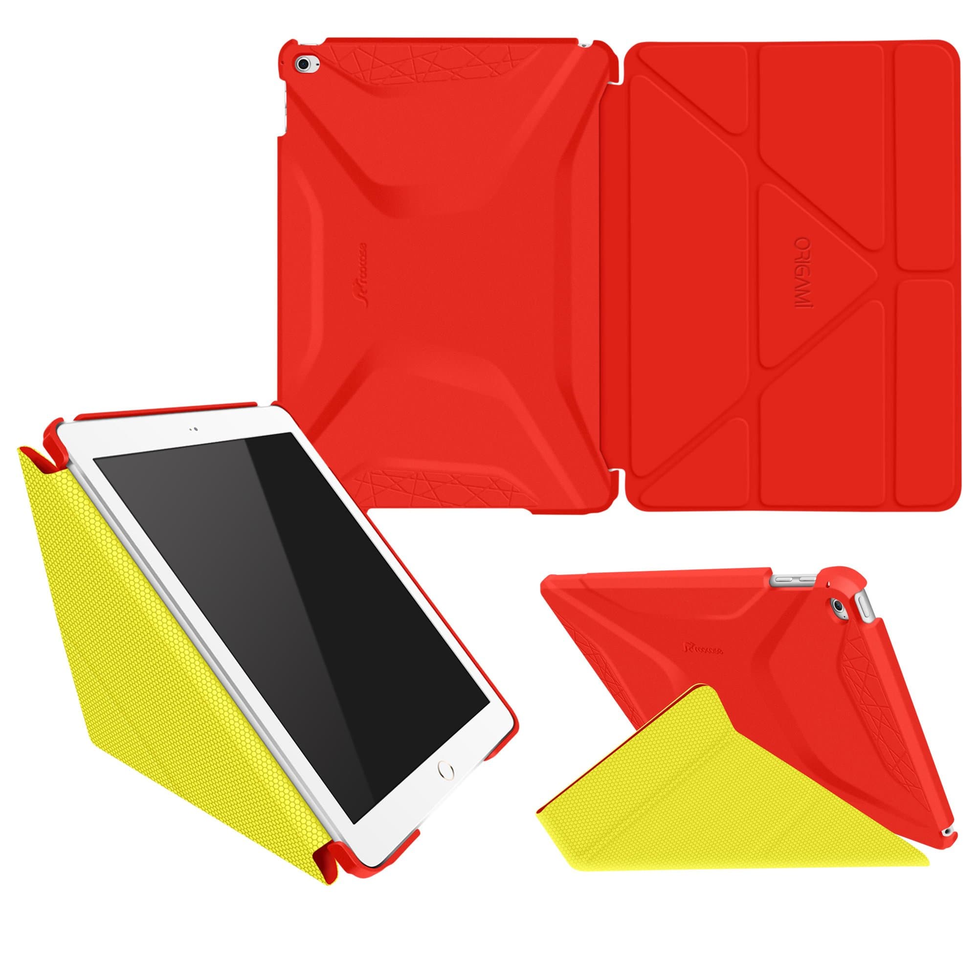 iPad Air 2 Case, Apple iPad Air 2 Case, rooCASE Origami Ultra Slim Fit Thin Lightweight Shell PU Leather Folio Case with Auto Sleep Wake Smart Cover, Red / Yellow (will NOT fit New iPad 2017)