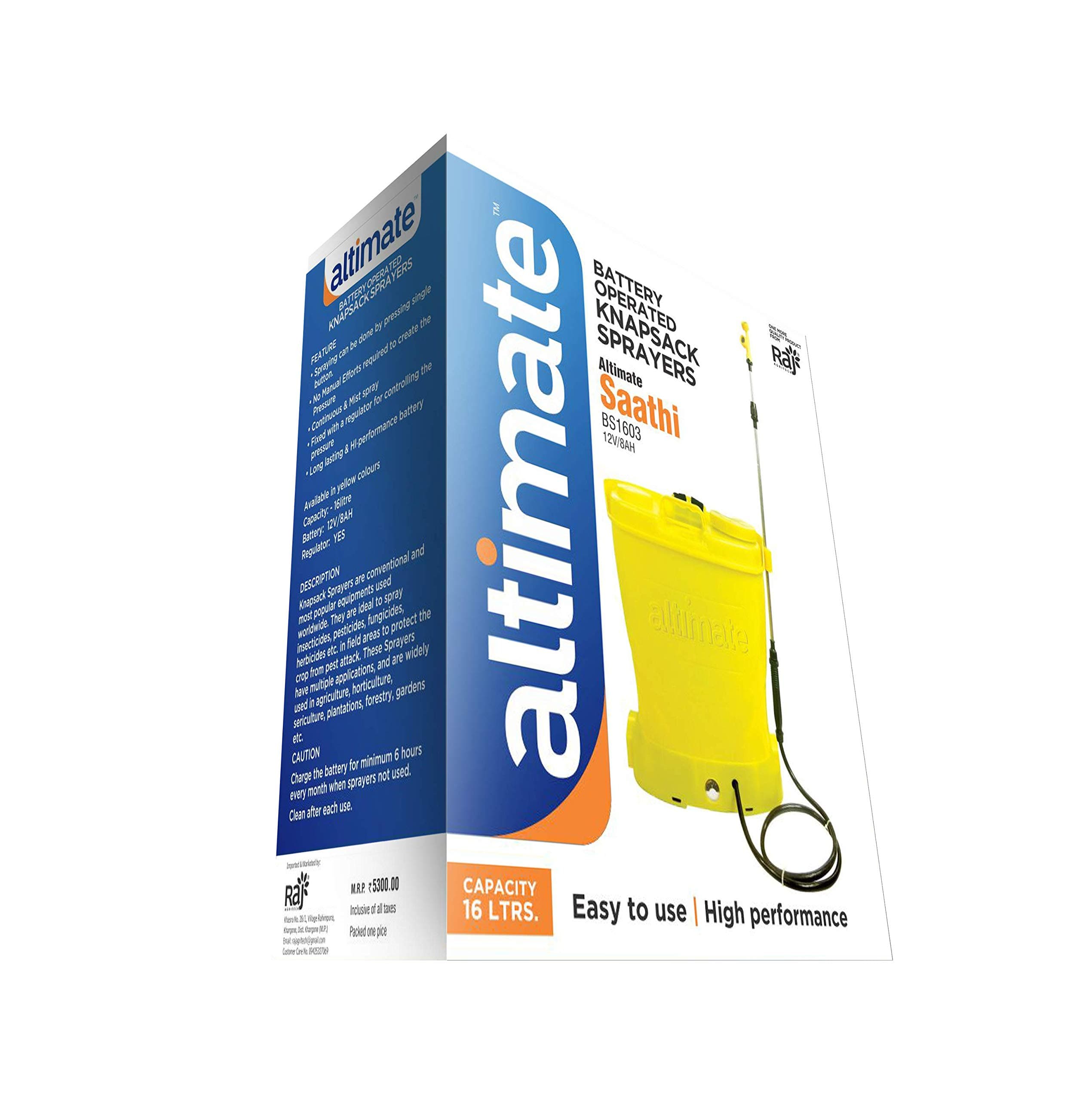 Raj AGRITECH Altimate High Pressure Battery Operated Knapsack Sprayer - 16 Litre (Saathi BS1603)